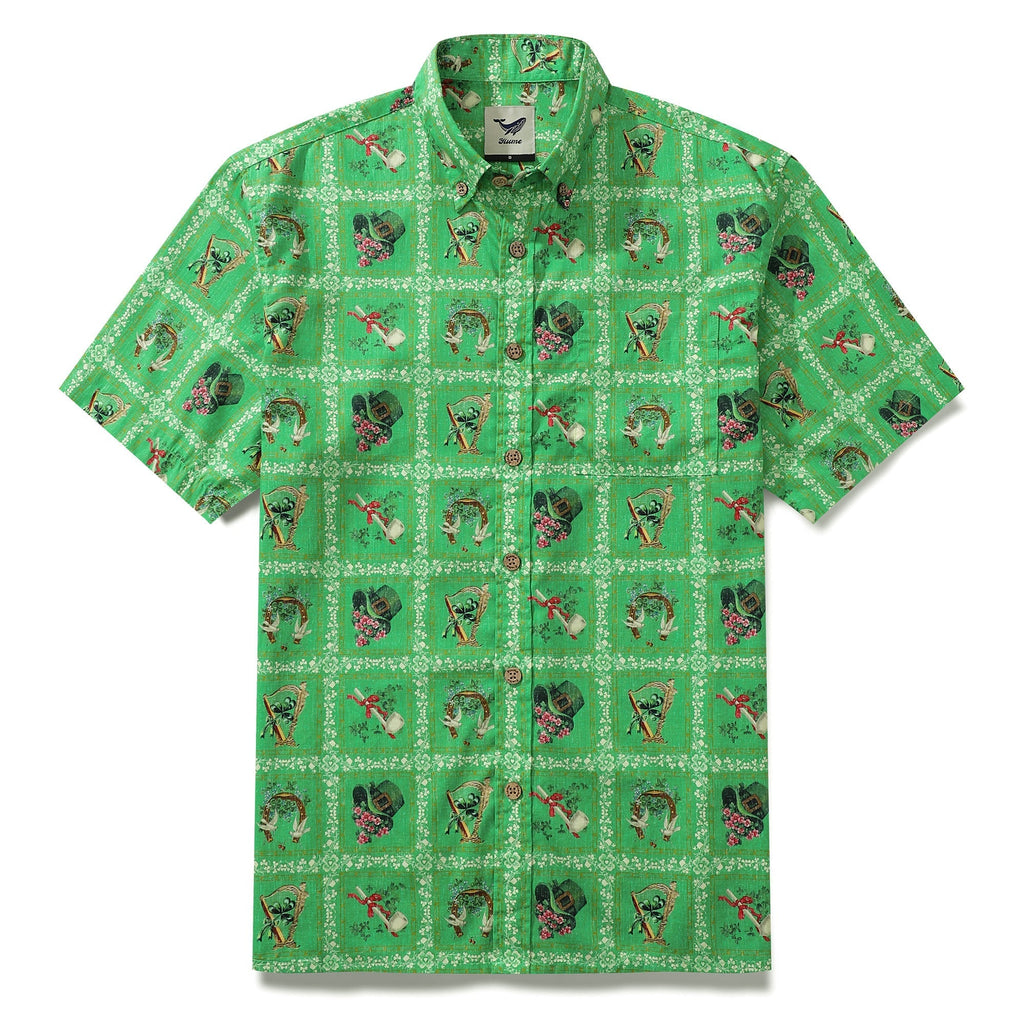 St. Patrick's Day Gift Hawaiian Shirt For Men Green Short Sleeve Cotton Shirt Green Carnival By Amy