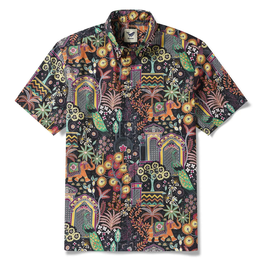 Chemise hawaïenne pour homme à manches courtes avec boutons 100 % coton verte Aloha Jaipur Gem par Huan huan