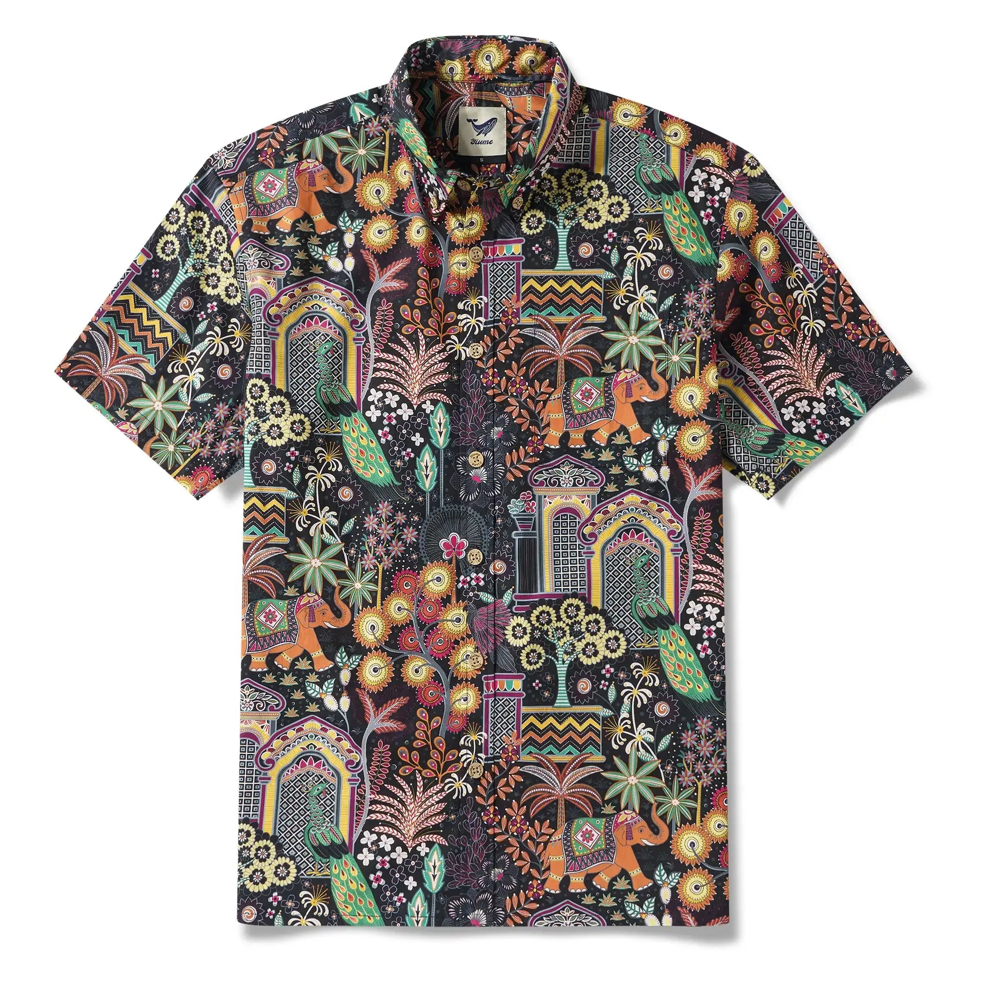 Chemise hawaïenne pour homme à manches courtes avec boutons 100 % coton verte Aloha Jaipur Gem par Huan huan
