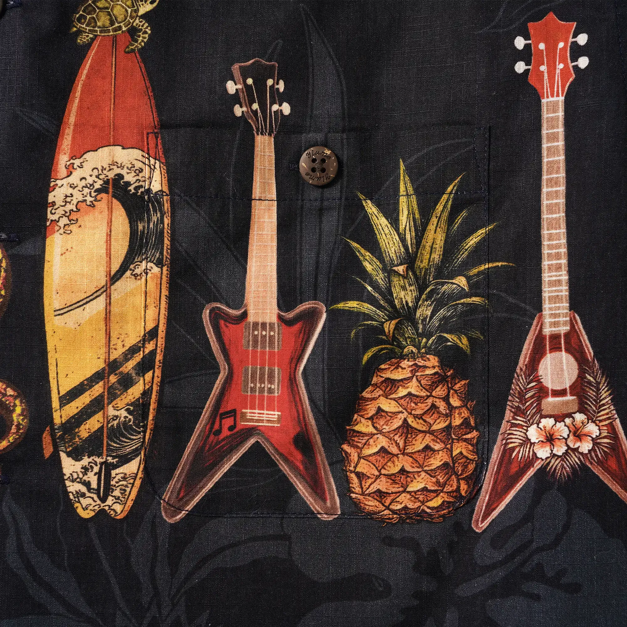 Music Men's Hawaiian Shirt Short Sleeve Camp Collar 100% Cotton Black Aloha Island Serenade By Mo