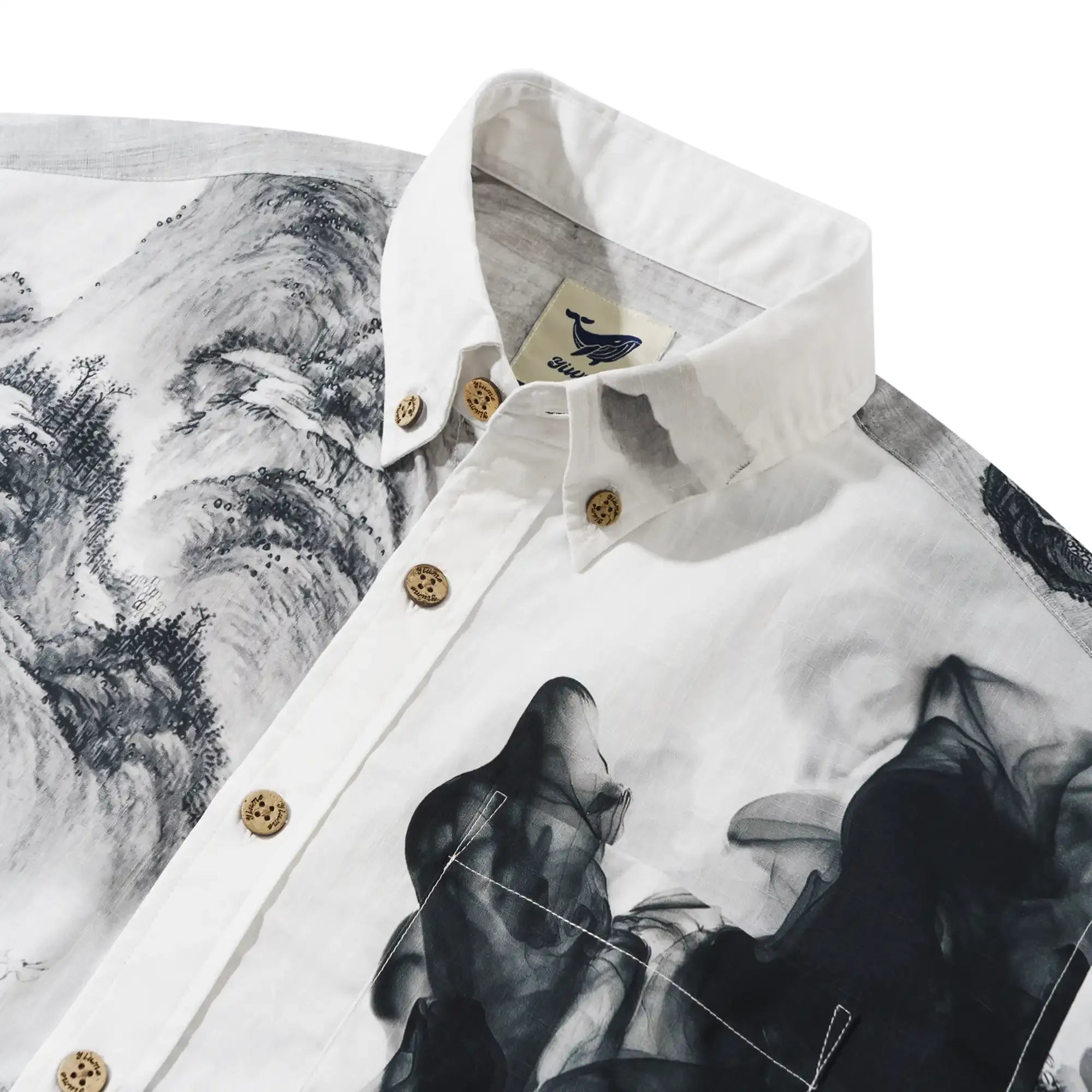 Men's Hawaiian Shirt Short Sleeve Button-down 100% Cotton Black Aloha Oriental Inkscape By DUDU