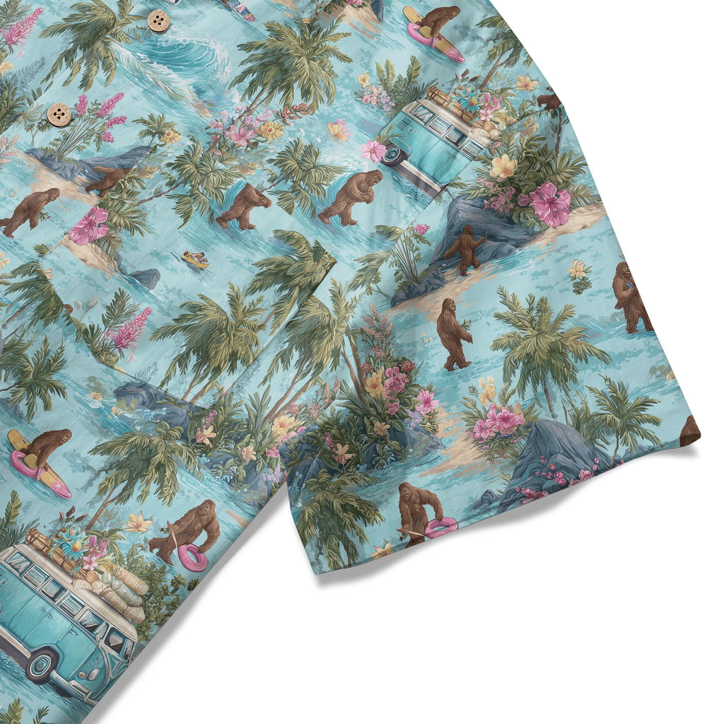 LeosWare® Men's Hawaiian Shirt Short Sleeve Button-up 100% Cotton Blue Aloha Tropical Drift Of Bigfoot By Ann