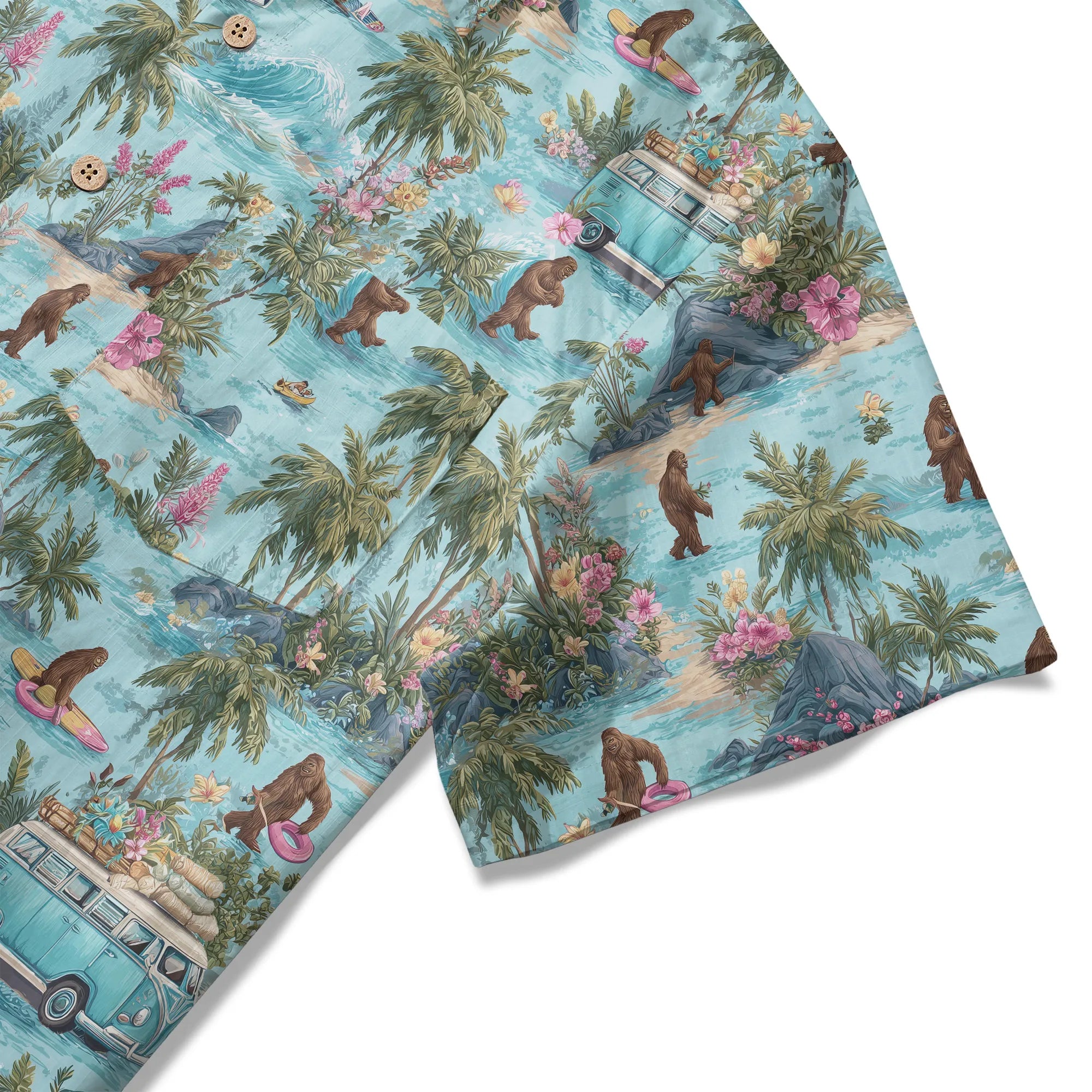 LeosWare® Men's Hawaiian Shirt Short Sleeve Button-up 100% Cotton Blue Aloha Tropical Drift Of Bigfoot By Ann