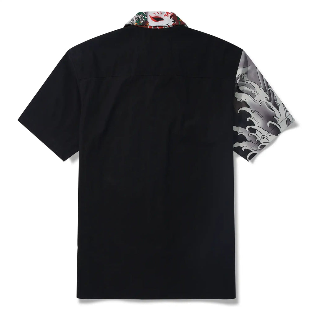 Chemise hawaïenne pour hommes à manches courtes, col camp, 100 % coton, masque Kitsune noir et coq Aloha, le mythe Edo par Huan huan