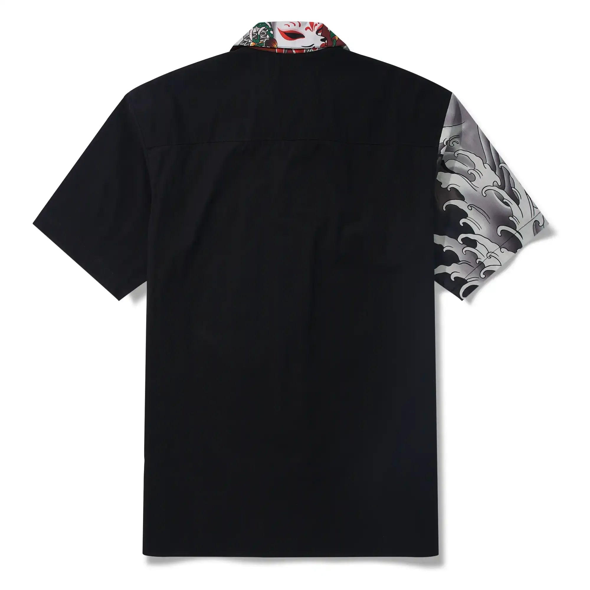 Chemise hawaïenne pour hommes à manches courtes, col camp, 100 % coton, masque Kitsune noir et coq Aloha, le mythe Edo par Huan huan