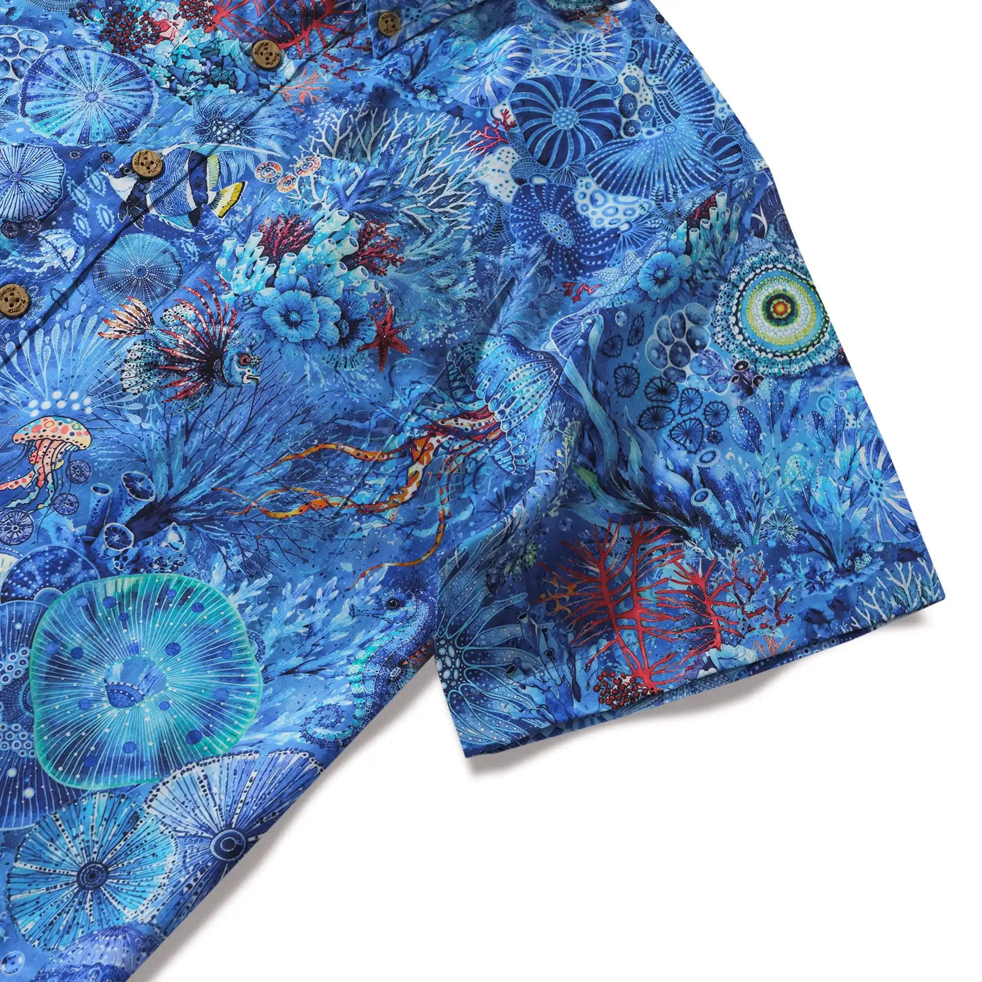 Men's Hawaiian Shirt Short Sleeve Button-down 100% Cotton Blue Aloha Watercolor Undersea Reverie By Cigar