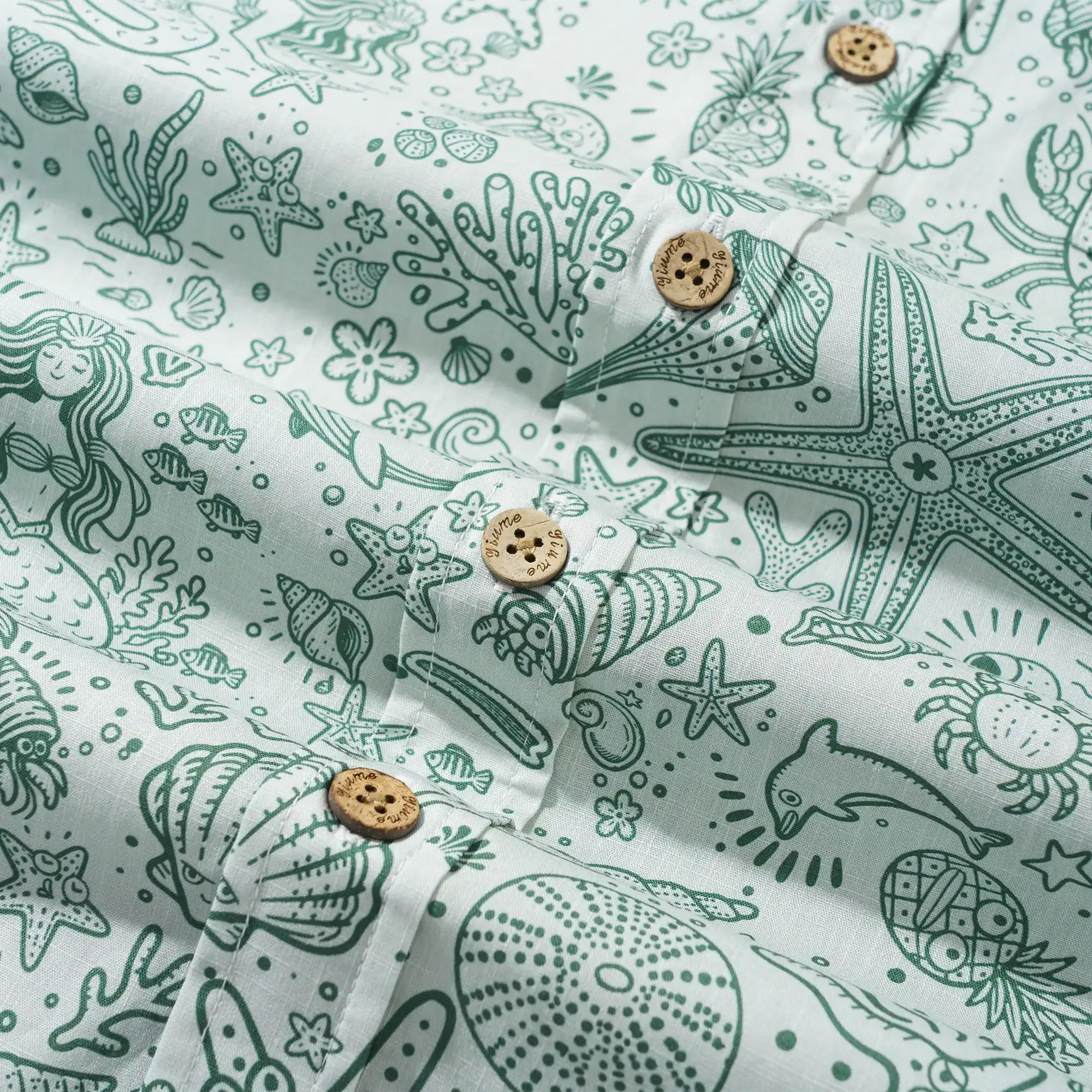 Men's Hawaiian Shirt Short Sleeve Button-down 100% Cotton Green Aloha Coastal Doodle - Sage green By Huan huan
