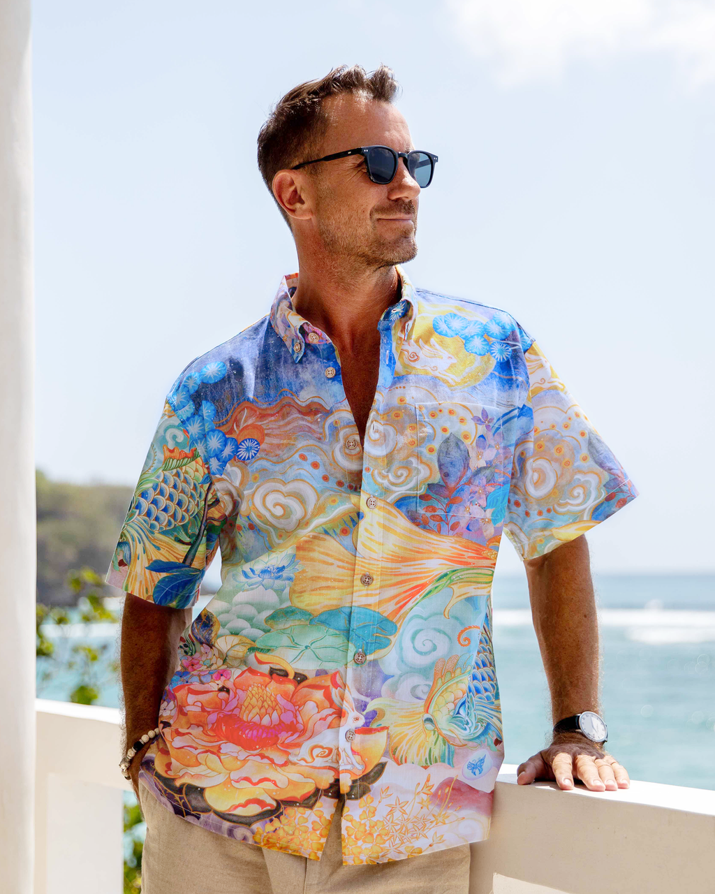 Yiume Men's Designer Hawaiian Shirt Cloud-wandering Koi Print Cotton Blue Aloha Shirt By Sylvia