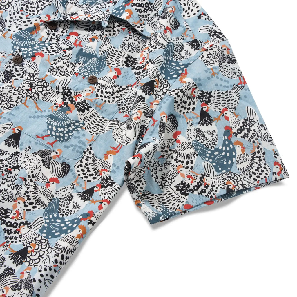 Men's Hawaiian Shirt Short Sleeve Camp Collar 100% Cotton Blue Aloha Clucking Chicken Friends By Annick