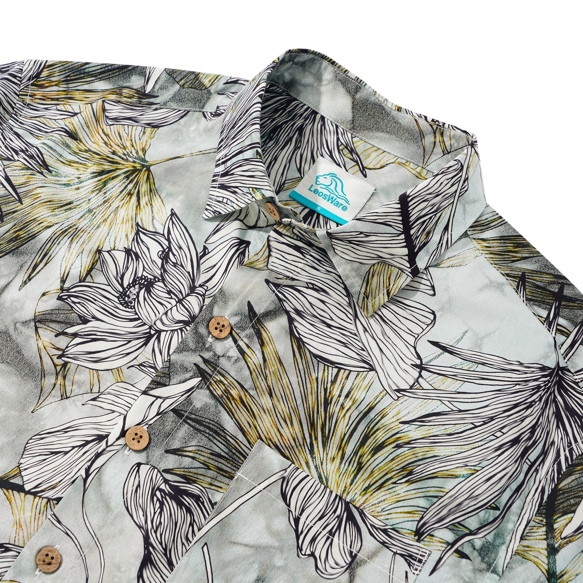 LeosWare® Men's Hawaiian Shirt Short Sleeve Button-up 100% Cotton Green Aloha Fresh Tropical Plant Art By Ethan