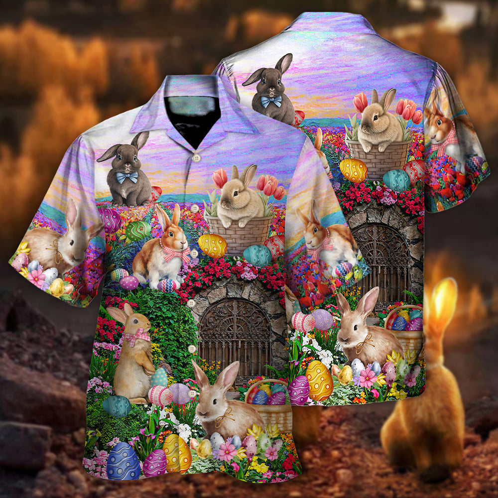 Easter Rabbit Chilling In The Flower Landscape Watercolor Style - Hawaiian Shirt