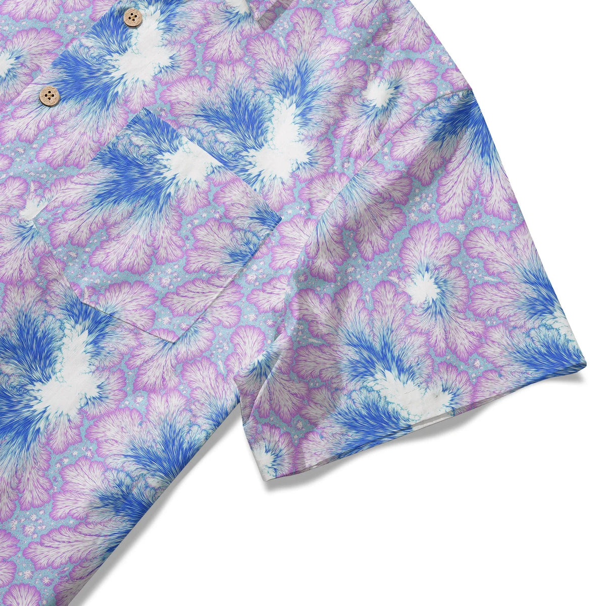 Chemise hawaïenne pour homme LeosWare® à manches courtes, boutonnée 100 % coton, violette Aloha, plumage bleu violet en flamme fractale par Ann