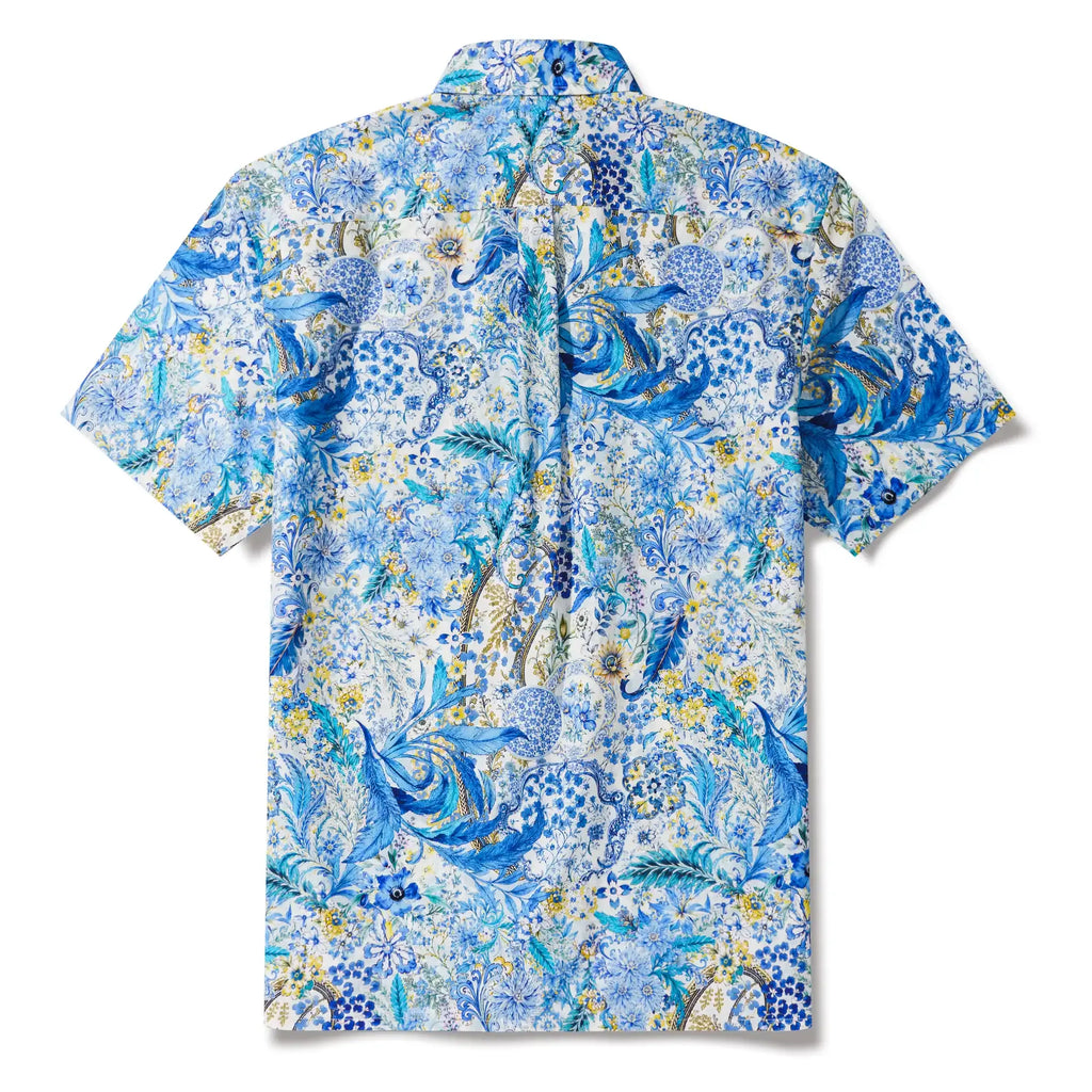 Men's Hawaiian Shirt Short Sleeve Button-down 100% Cotton Blue Aloha Sicilian Bloom By Mo