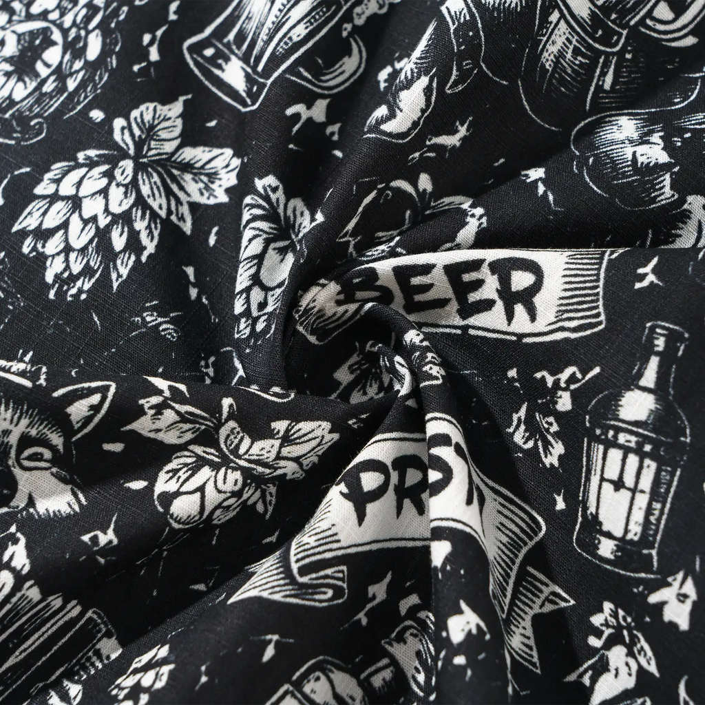 Men's Hawaiian Shirt Short Sleeve Camp Collar 100% Cotton Black Aloha Tavern Revelry Night By DUDU
