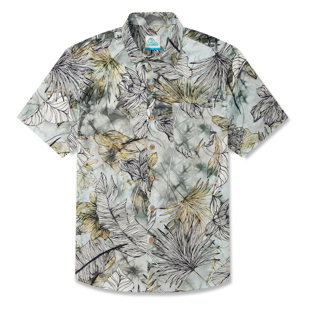 LeosWare® Men's Hawaiian Shirt Short Sleeve Button-up 100% Cotton Green Aloha Fresh Tropical Plant Art By Ethan