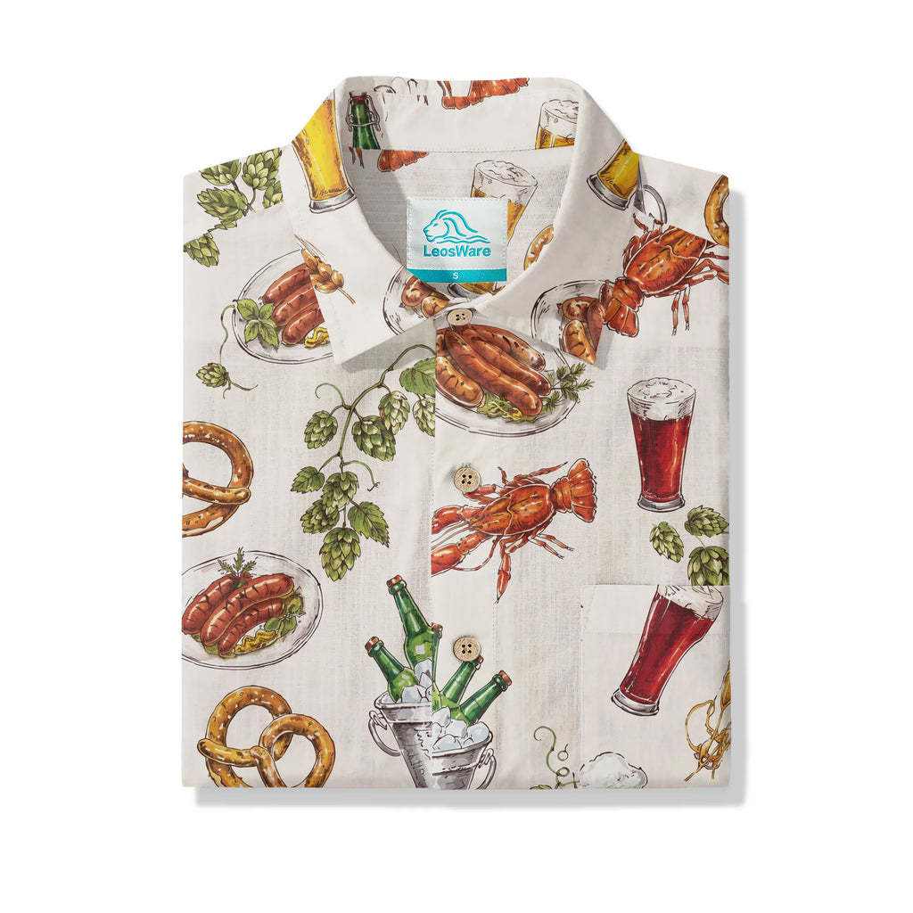 LeosWare® Men's Hawaiian Shirt Short Sleeve Button-up 100% Cotton Beige Aloha Beer Festival Feast Carnival By Ann
