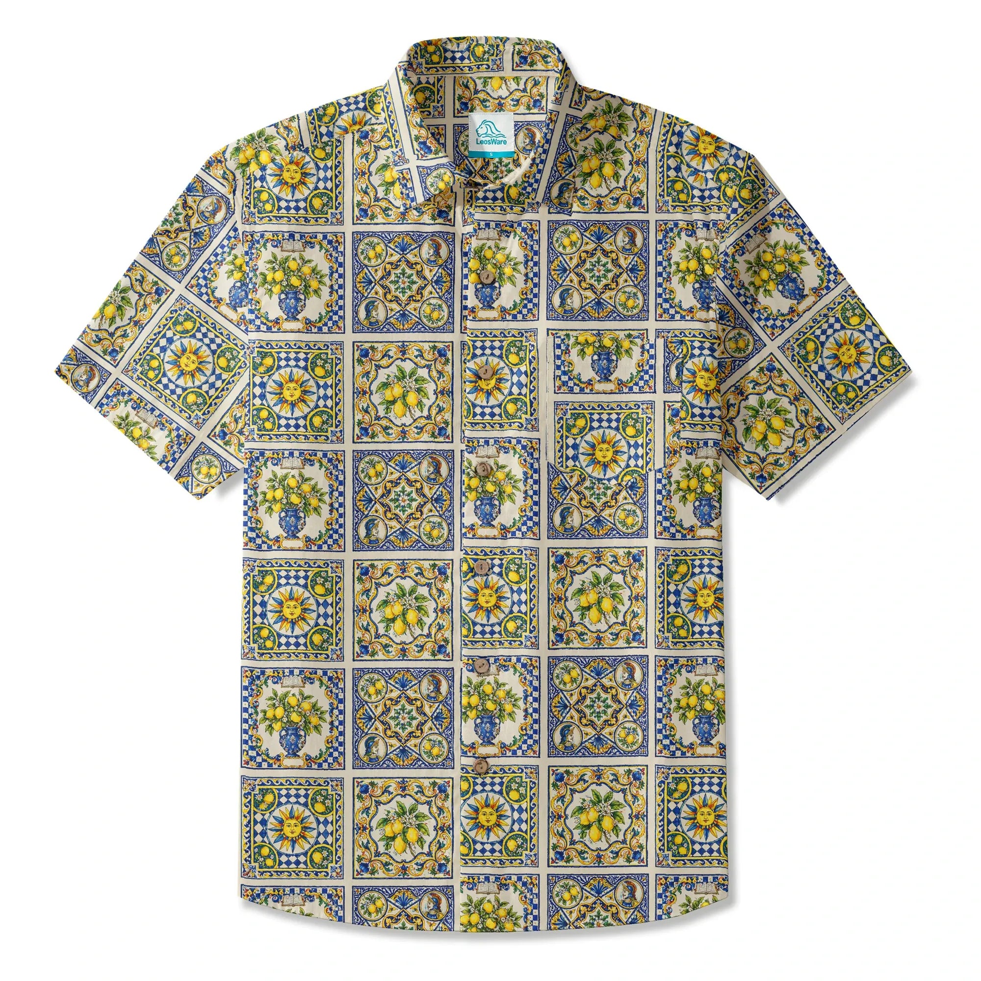 LeosWare® Men's Hawaiian Shirt Short Sleeve Button-up 100% Cotton Blue Aloha Sicilian Sunlit Lemon By Huan huan