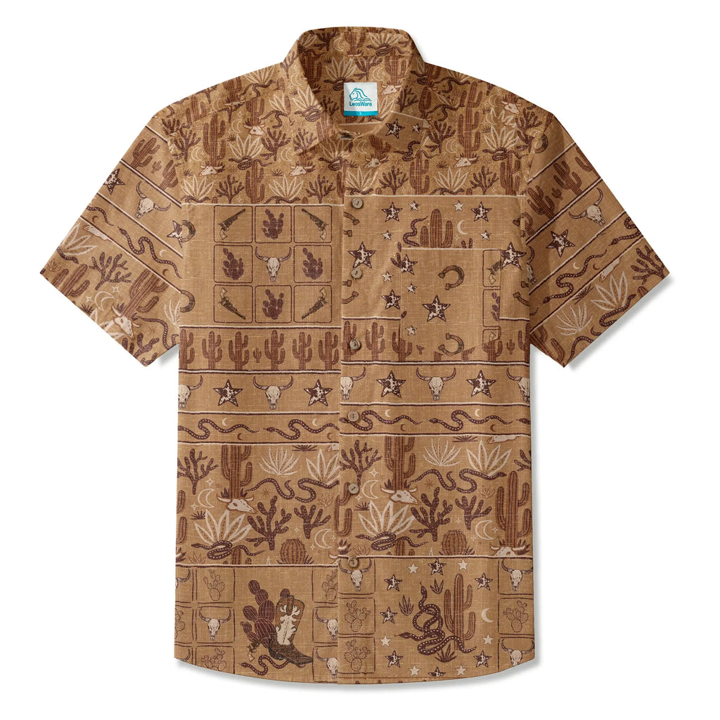 LeosWare® Men's Hawaiian Shirt Short Sleeve Button-up 100% Cotton Brown Aloha Vintage Western Dusk By Huan Huan