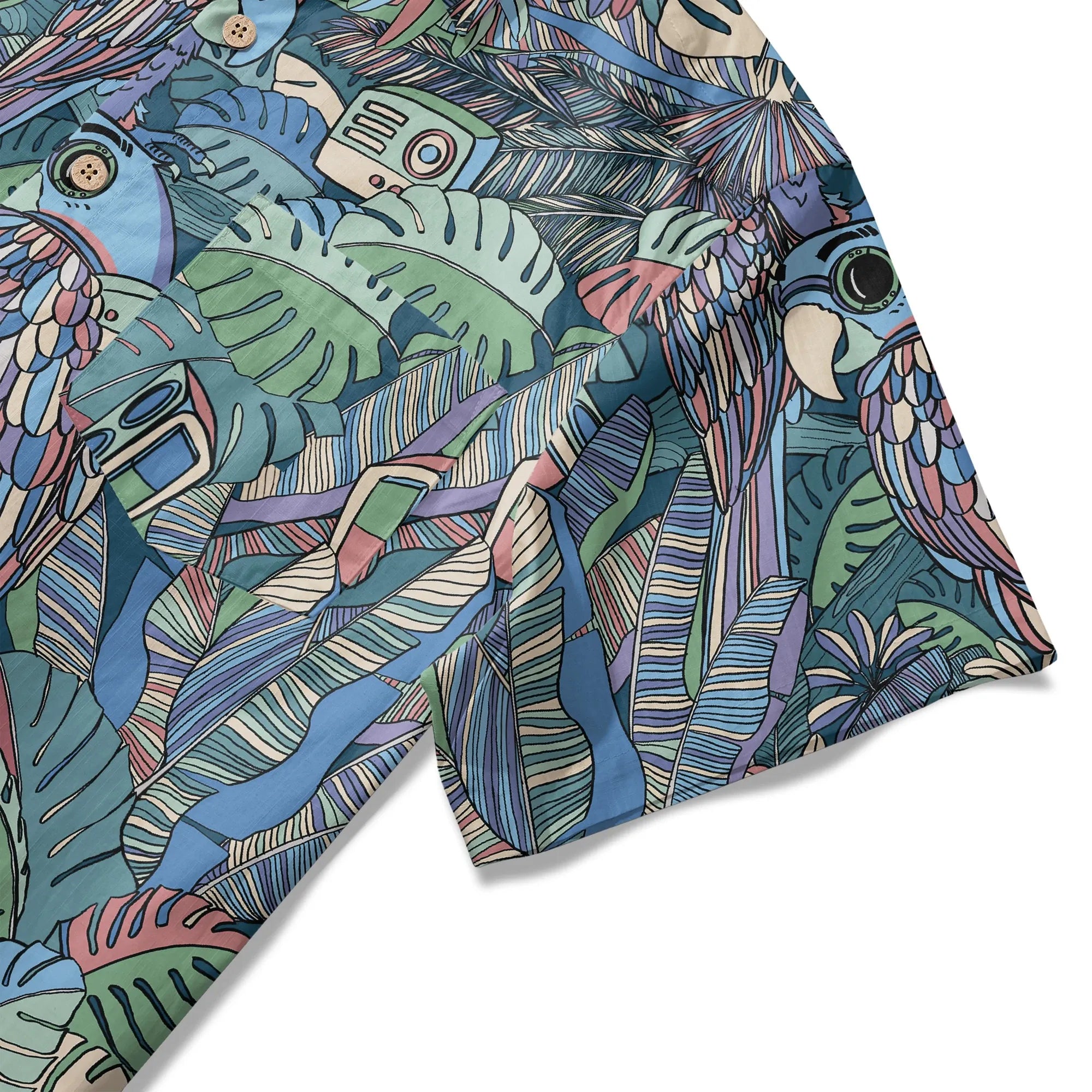 LeosWare® Men's Hawaiian Shirt Short Sleeve Button-up 100% Cotton Blue Aloha Parrot In The Enchanted Forest By Huan huan