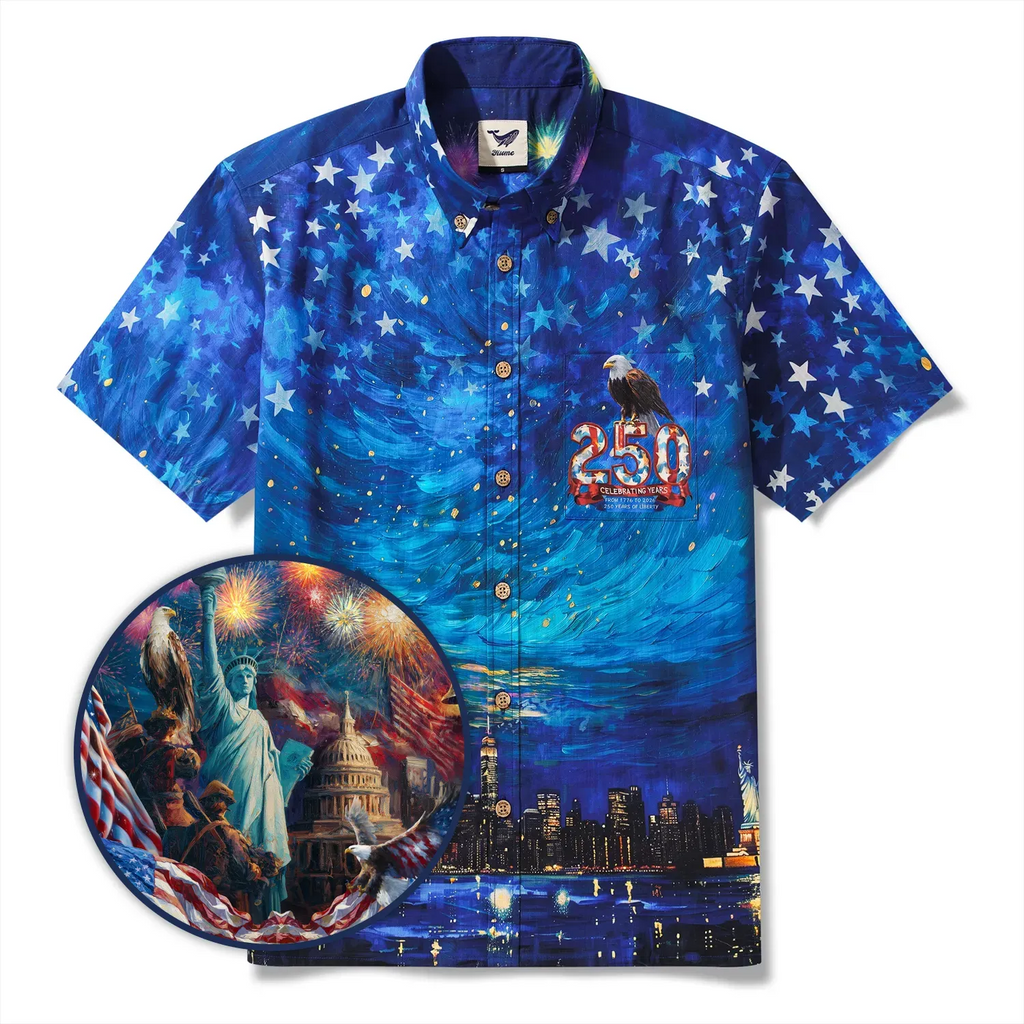 America 250 Men's Hawaiian Shirt Short Sleeve Button-down 100% Cotton Blue Aloha Starry Night Fireworks 250 Celebration By Yana