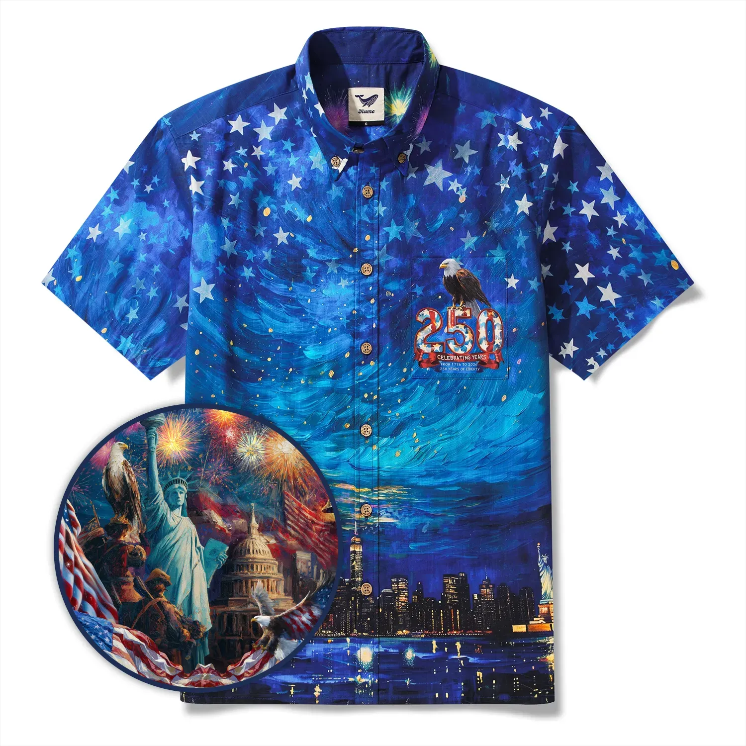 America 250 Men's Hawaiian Shirt Short Sleeve Button-down 100% Cotton Blue Aloha Starry Night Fireworks 250 Celebration By Yana