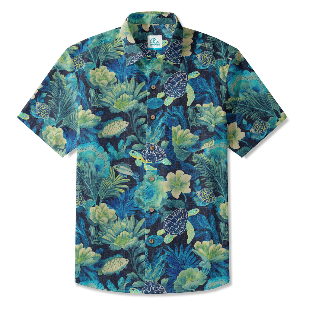 LeosWare® Men's Hawaiian Shirt Short Sleeve Button-up 100% Cotton Blue Aloha Deep Sea Flowers And Turtles By Ann