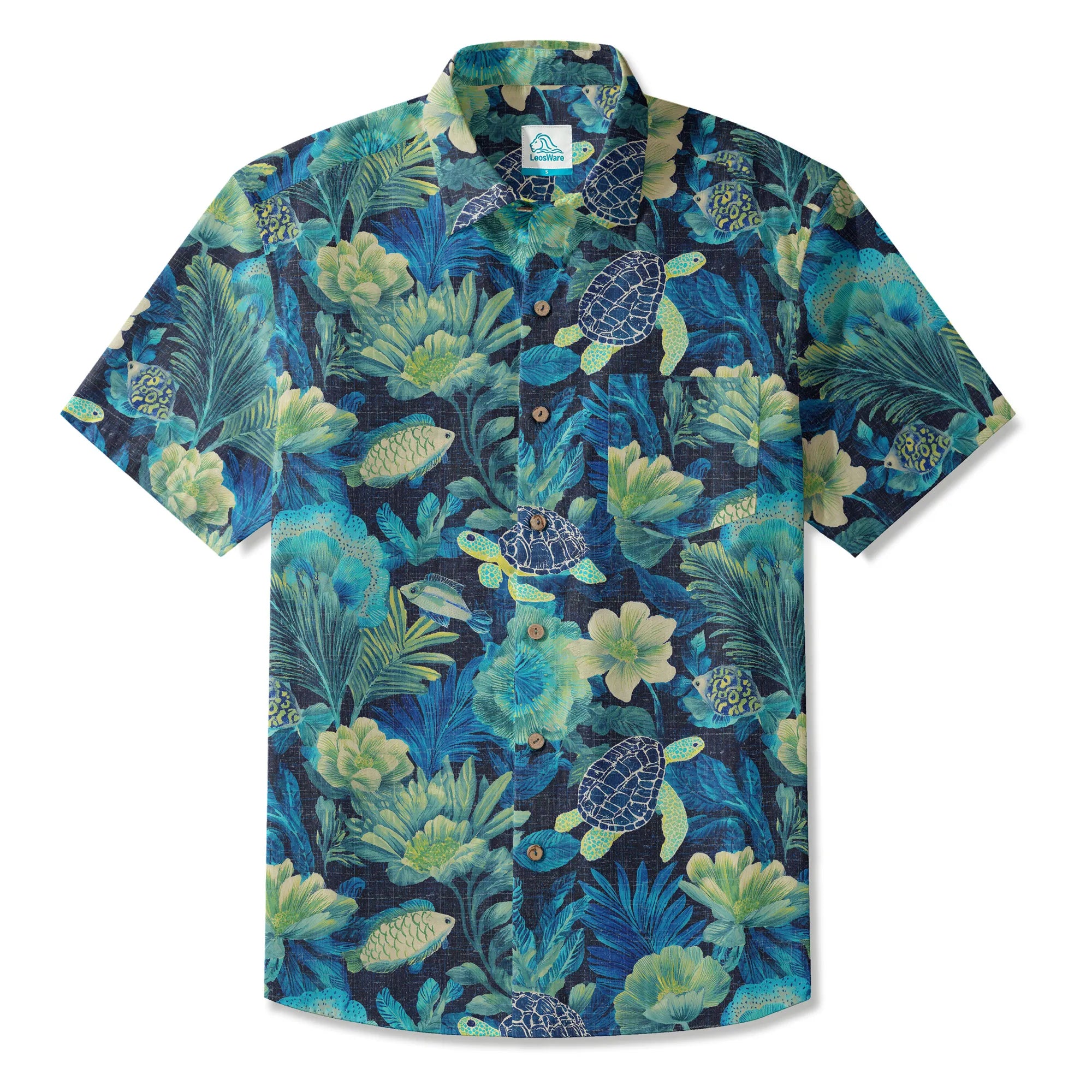 LeosWare® Men's Hawaiian Shirt Short Sleeve Button-up 100% Cotton Blue Aloha Deep Sea Flowers And Turtles By Ann