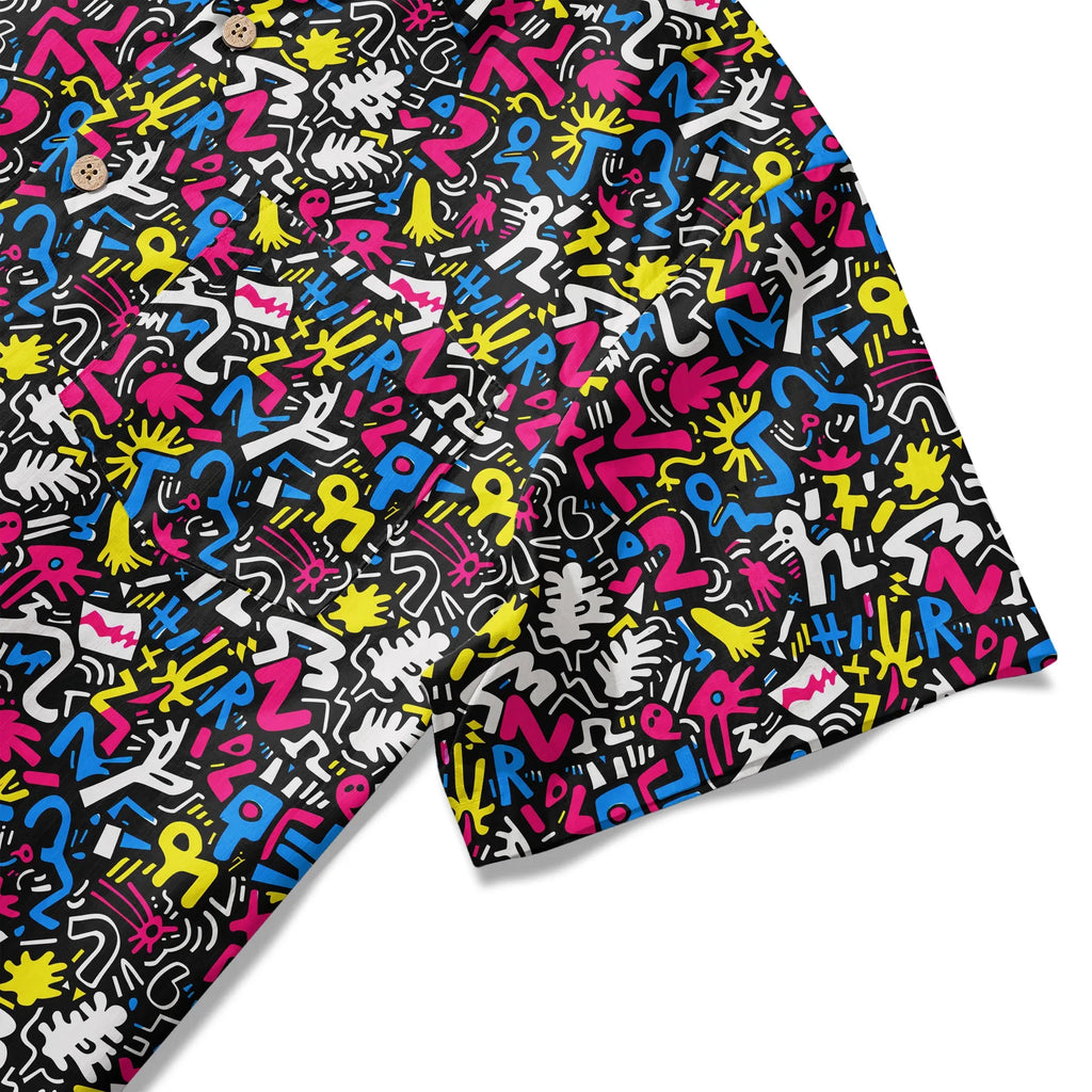 LeosWare® Men's Hawaiian Shirt Short Sleeve Button-up 100% Cotton Black Aloha Graffiti Fun By Ann