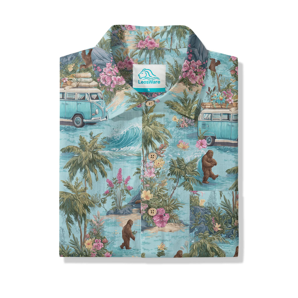LeosWare® Men's Hawaiian Shirt Short Sleeve Button-up 100% Cotton Blue Aloha Tropical Drift Of Bigfoot By Ann