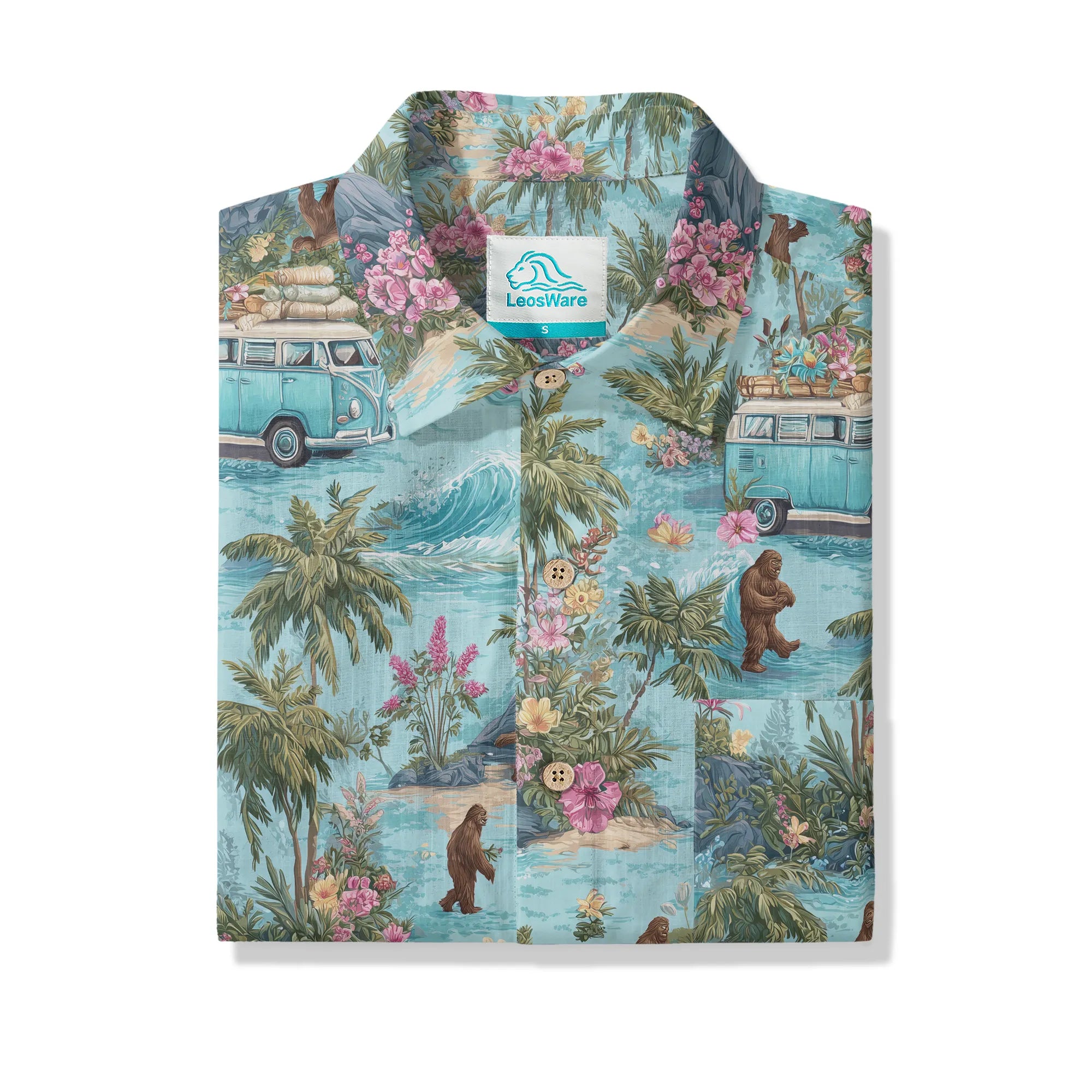 LeosWare® Men's Hawaiian Shirt Short Sleeve Button-up 100% Cotton Blue Aloha Tropical Drift Of Bigfoot By Ann