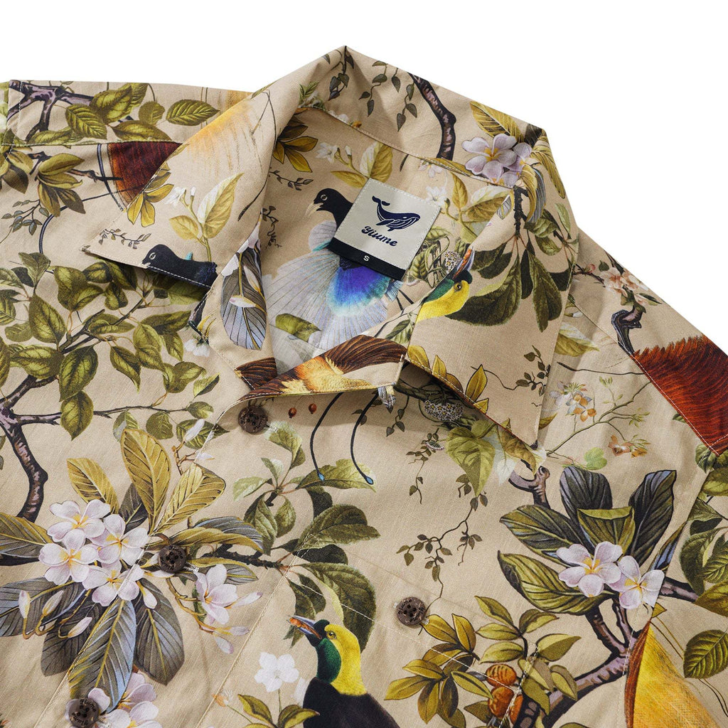 Men's Hawaiian Shirt Short Sleeve Camp Collar 100% Cotton Beige Aloha Shirt By Zeke