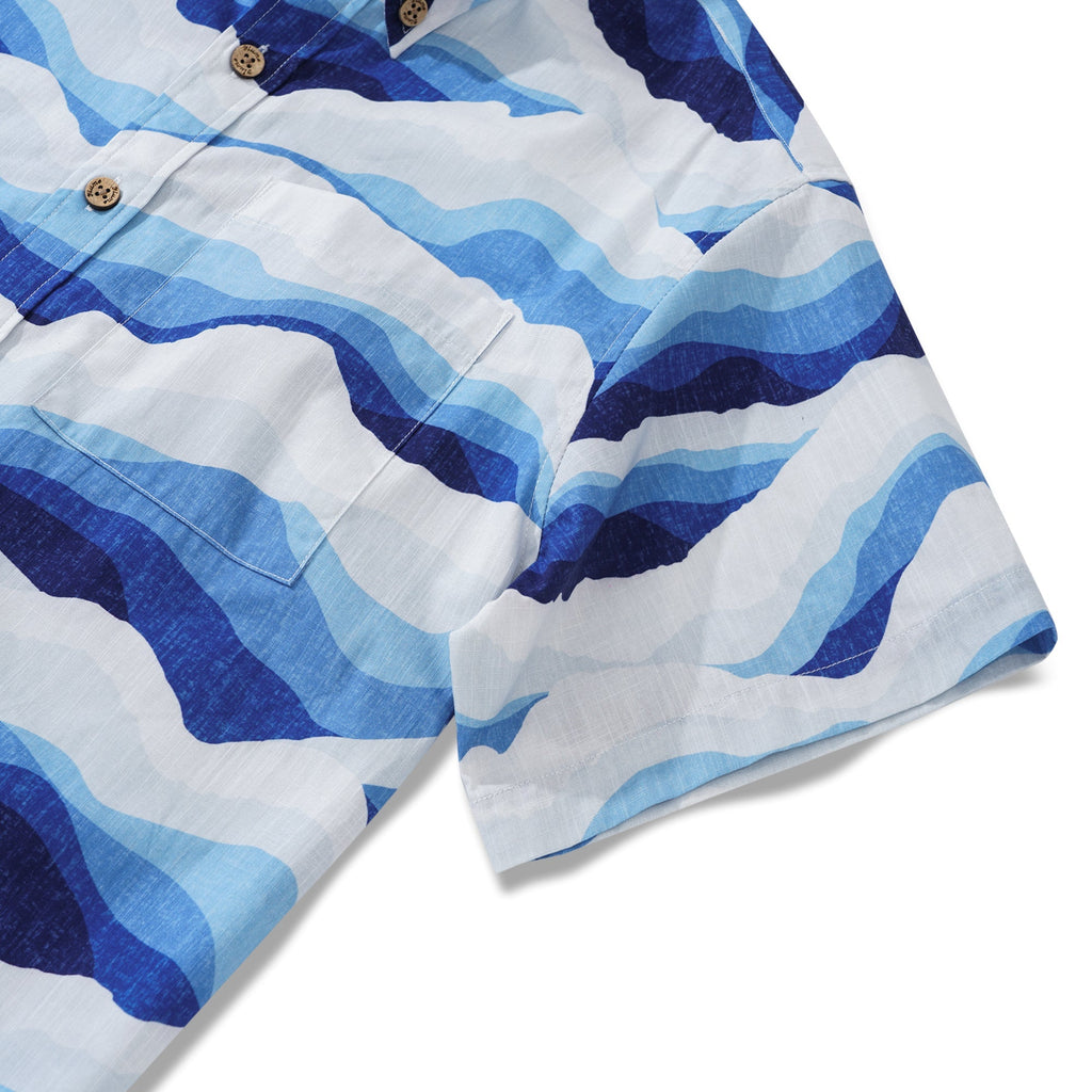 Men's Hawaiian Shirt Short Sleeve Button-down 100% Cotton Blue Aloha Mountain and Sea By Patch