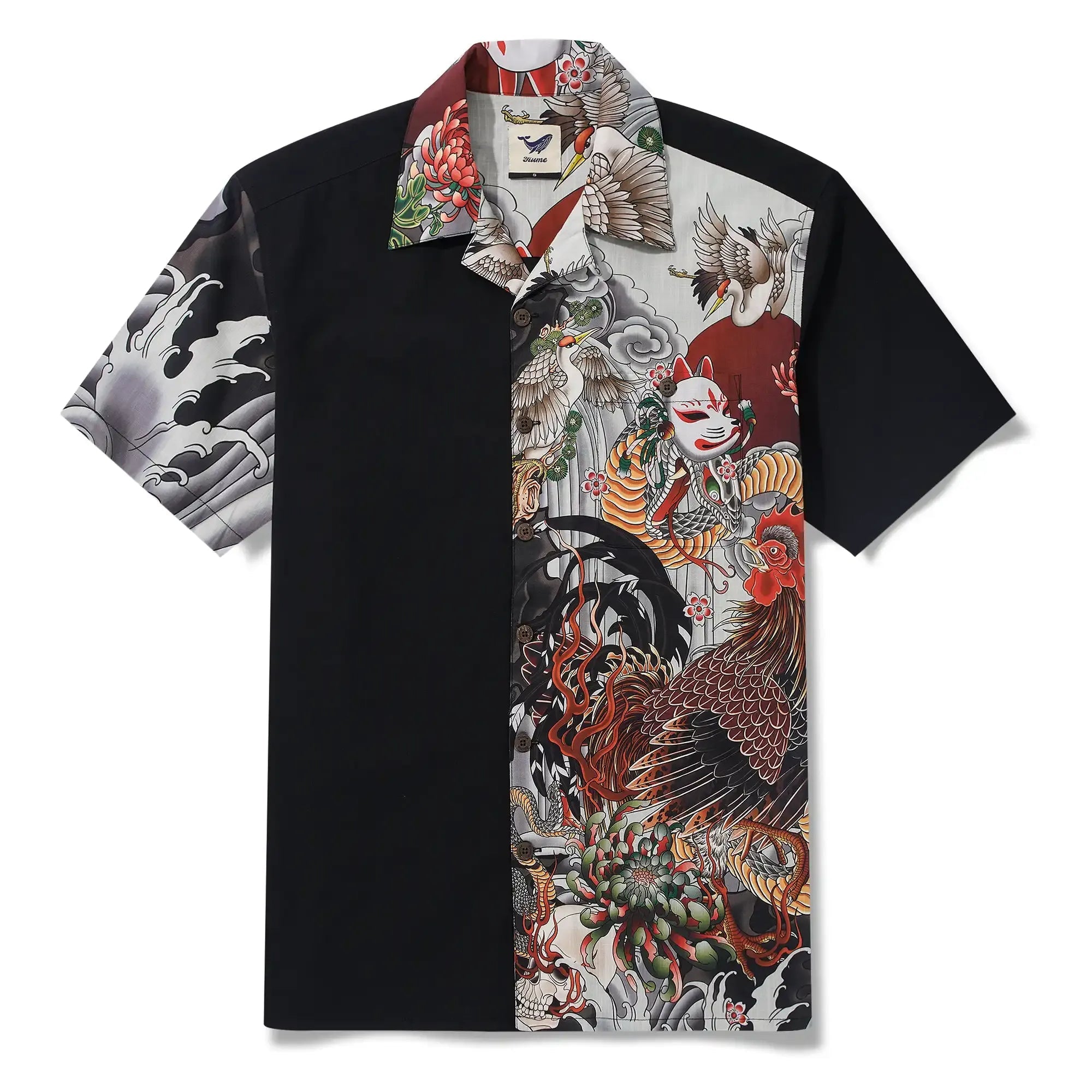 Chemise hawaïenne pour hommes à manches courtes, col camp, 100 % coton, masque Kitsune noir et coq Aloha, le mythe Edo par Huan huan