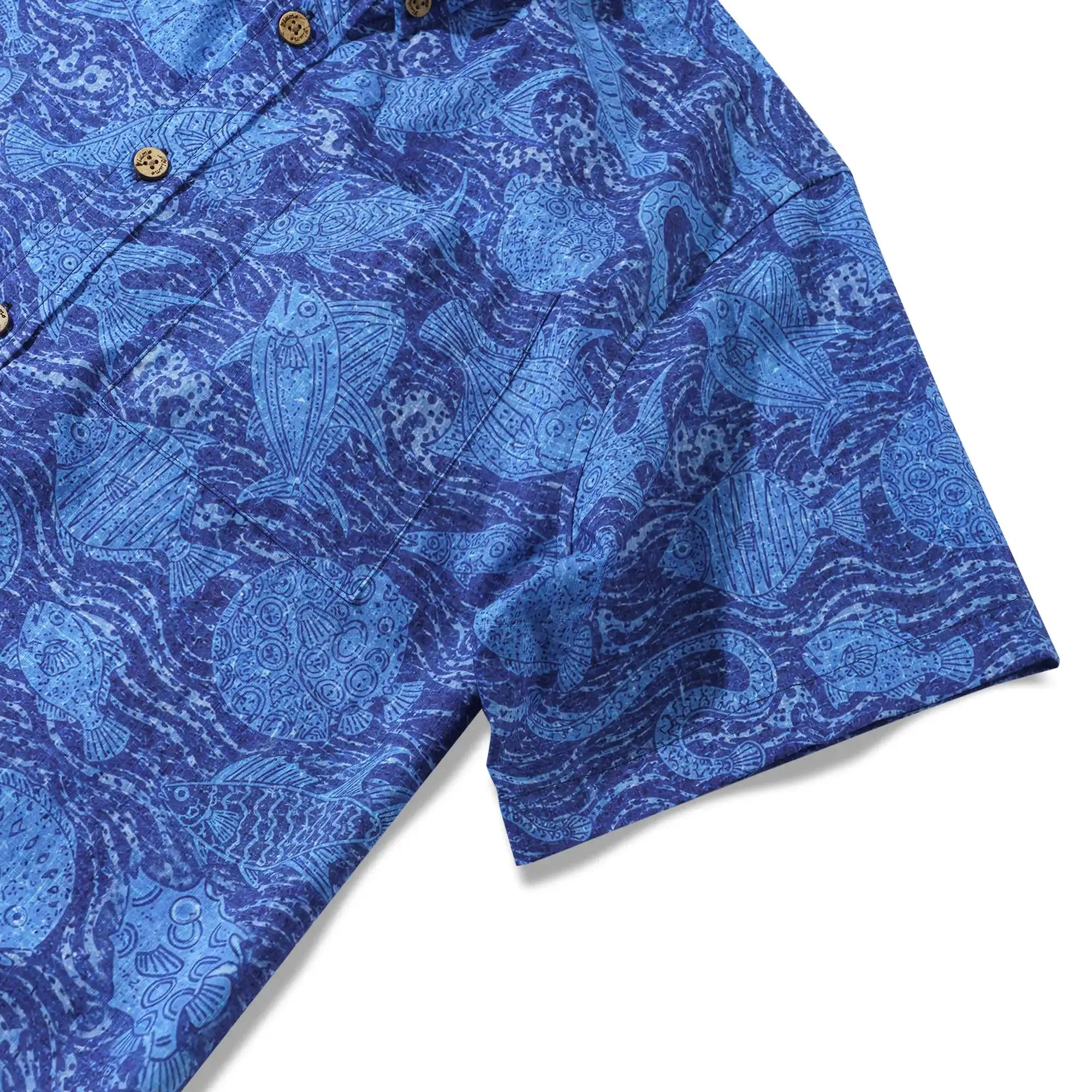 Men's Hawaiian Shirt Short Sleeve Button-down 100% Cotton Blue Aloha Indigo School Of Fish By Huan huan