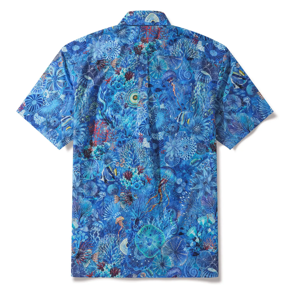 Men's Hawaiian Shirt Short Sleeve Button-down 100% Cotton Blue Aloha Watercolor Undersea Reverie By Cigar