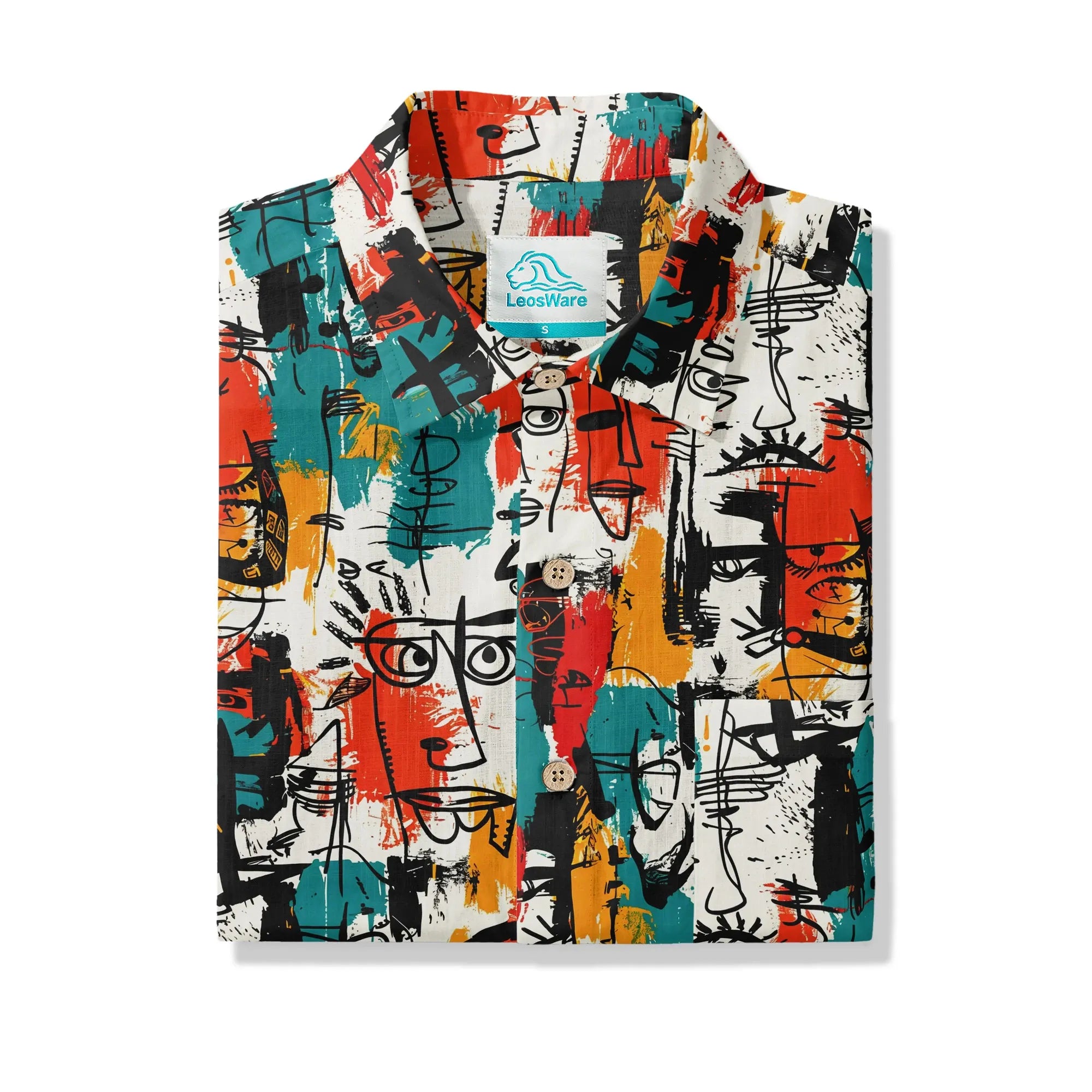 LeosWare® Men's Hawaiian Shirt Short Sleeve Button-up 100% Cotton Aloha Face Doodle By Ann