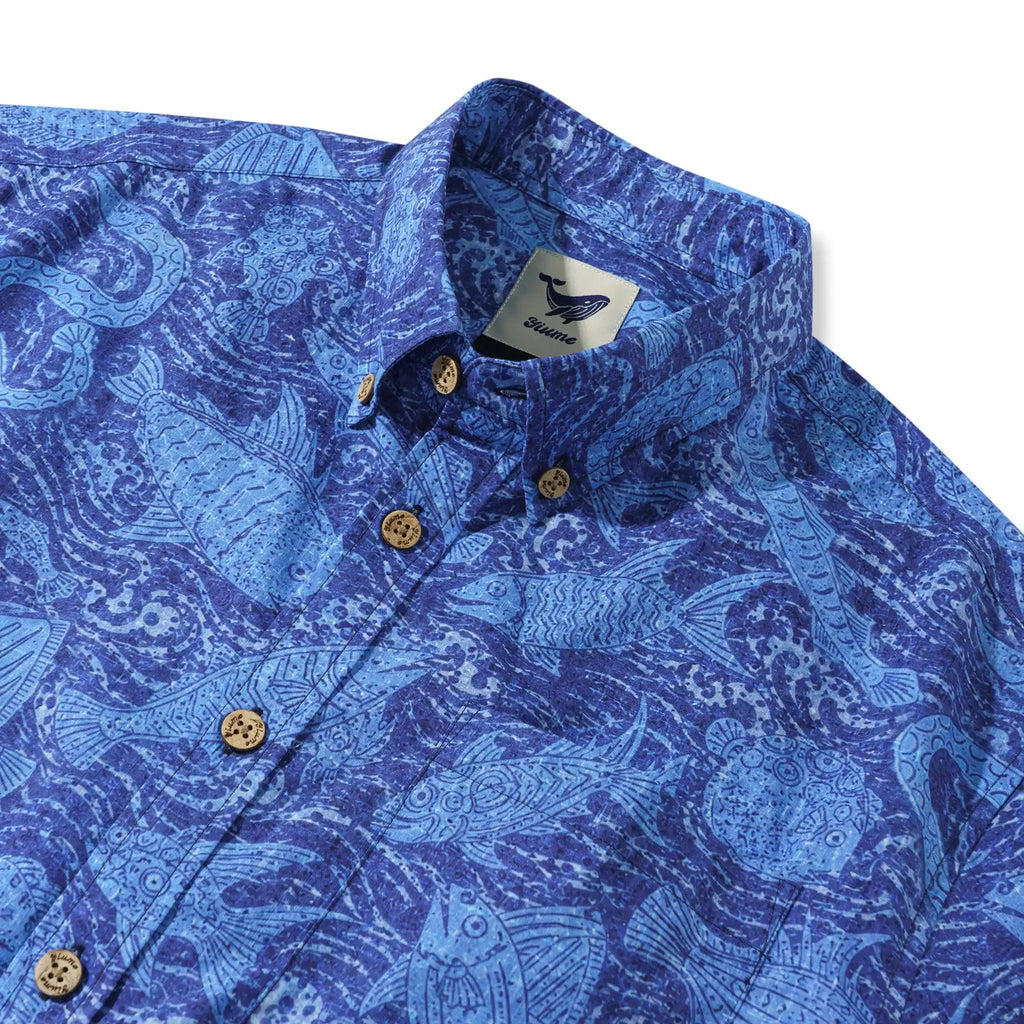 Men's Hawaiian Shirt Short Sleeve Button-down 100% Cotton Blue Aloha Indigo School Of Fish By Huan huan