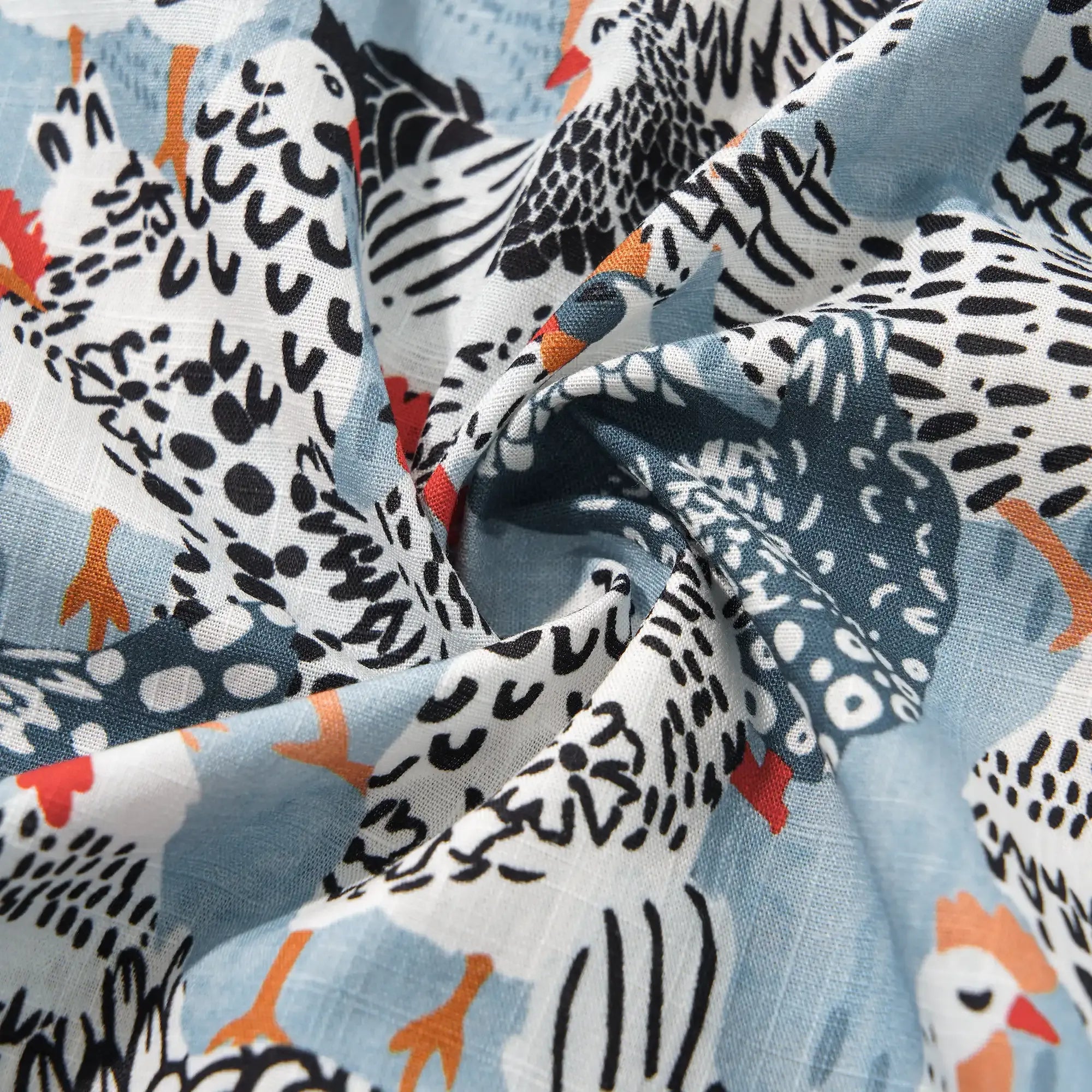 Men's Hawaiian Shirt Short Sleeve Camp Collar 100% Cotton Blue Aloha Clucking Chicken Friends By Annick