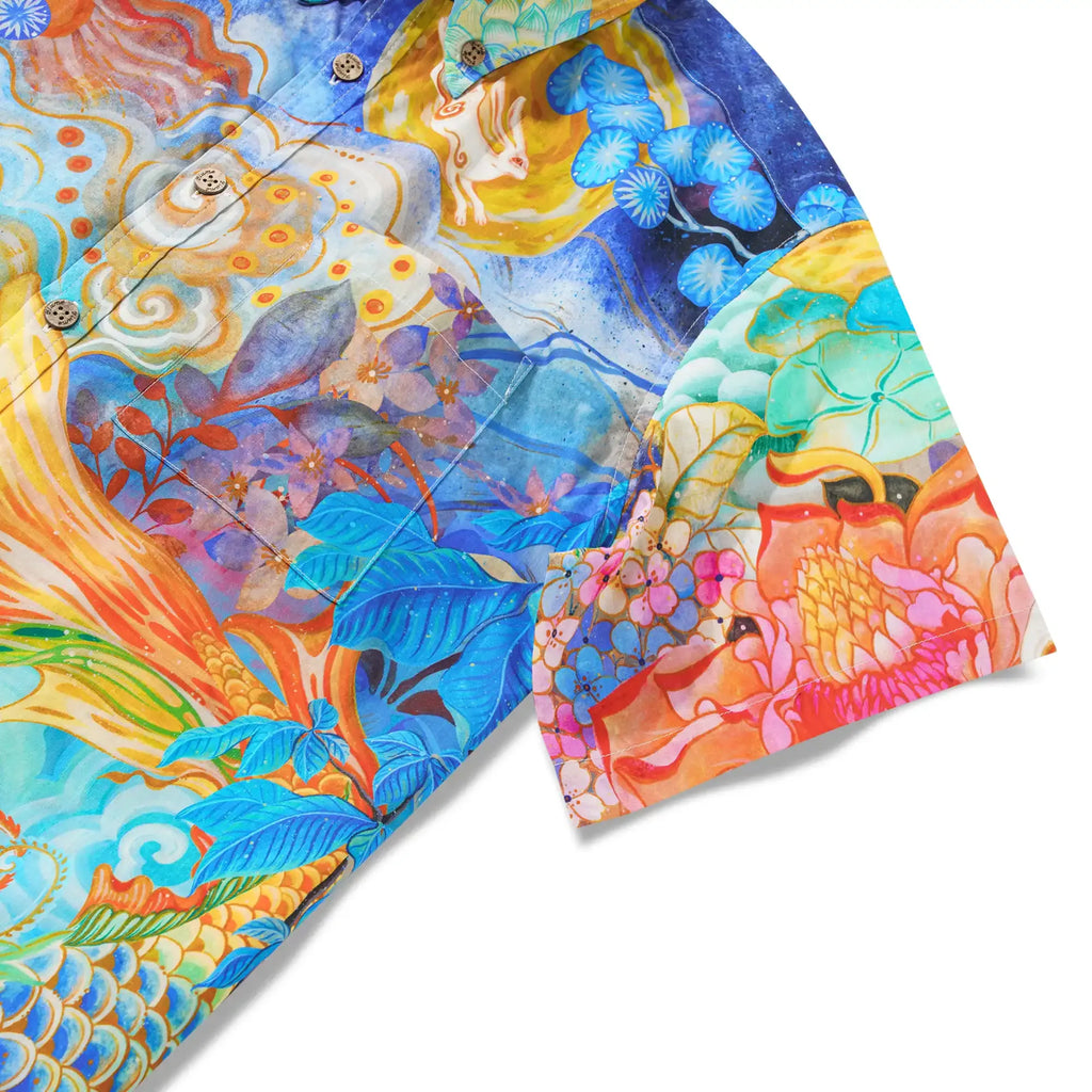 Yiume Men's Designer Hawaiian Shirt Cloud-wandering Koi Print Cotton Blue Aloha Shirt By Sylvia