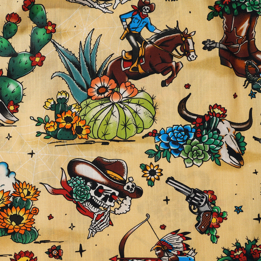 Western Cowboy Hawaiian Shirt For Men Short Sleeve Button-down 100% Cotton Desert Skull Shirt By Zeke