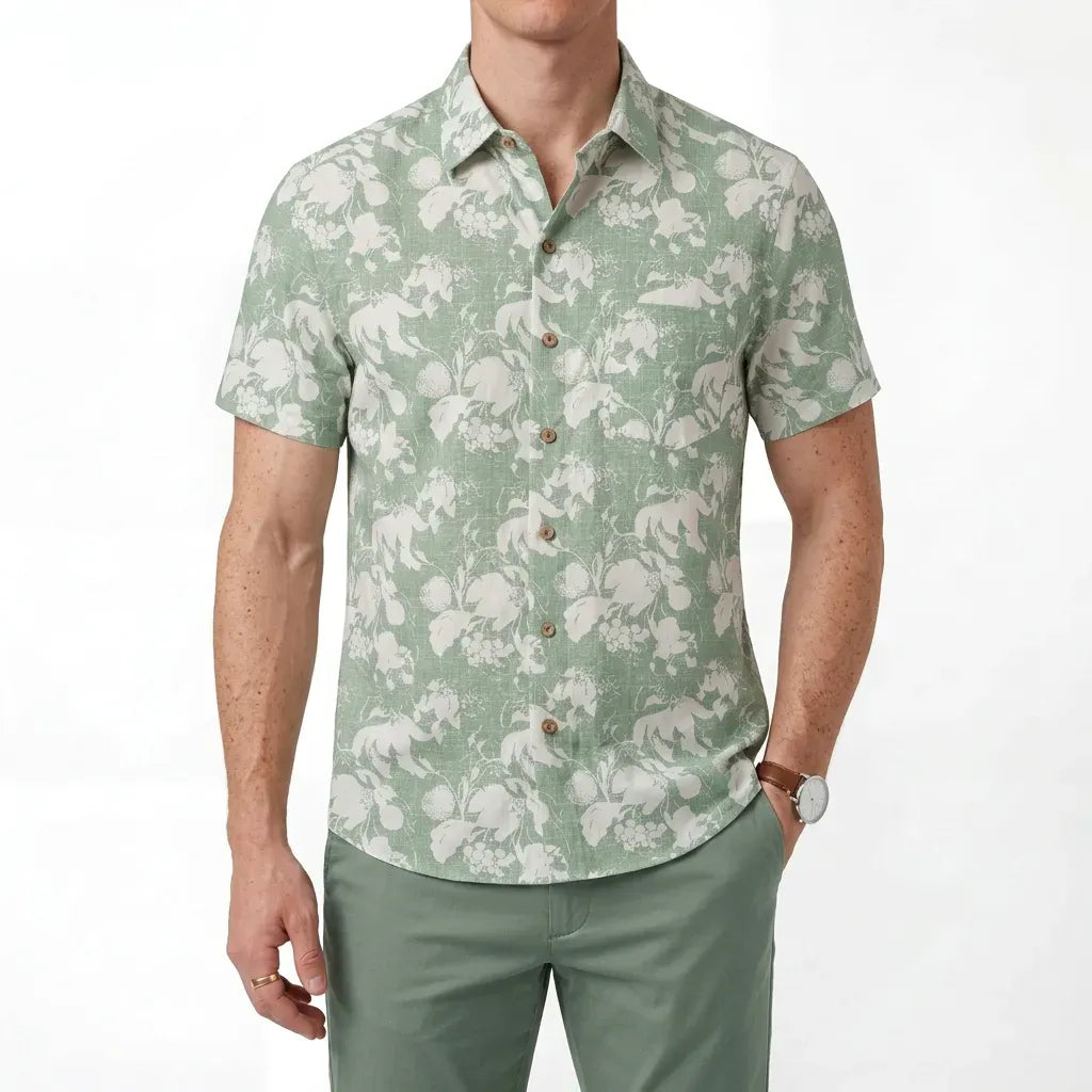 LeosWare® Flower Men's Hawaiian Shirt Short Sleeve Button-up 100% Cotton Green Aloha Verdant Memoirs By Ann