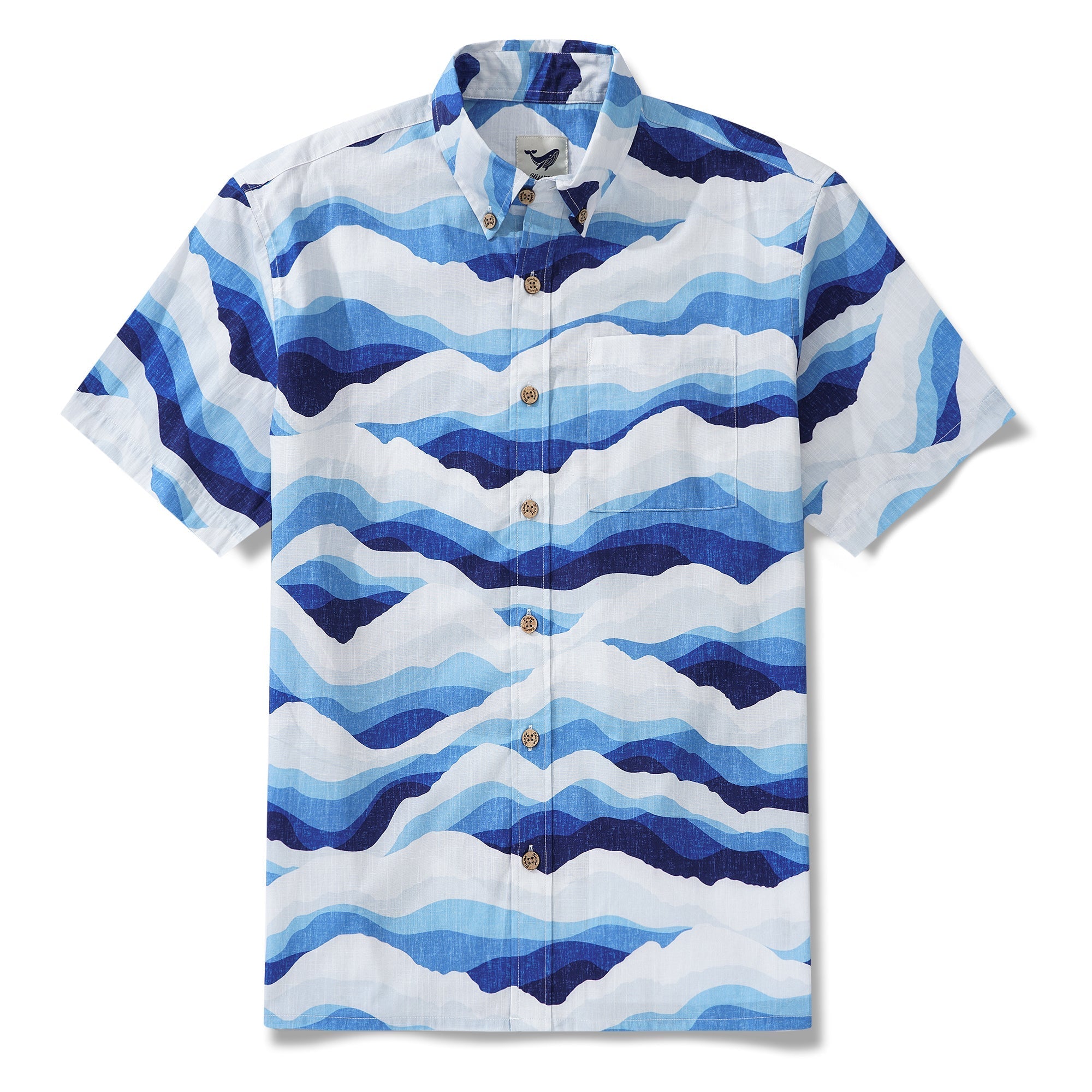 Men's Hawaiian Shirt Short Sleeve Button-down 100% Cotton Blue Aloha Mountain and Sea By Patch