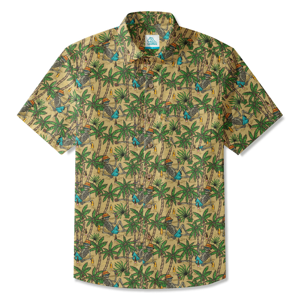 LeosWare® Men's Hawaiian Shirt Short Sleeve Button-up 100% Cotton Green Aloha Skeleton's Coconut Beach Vacation By Ann