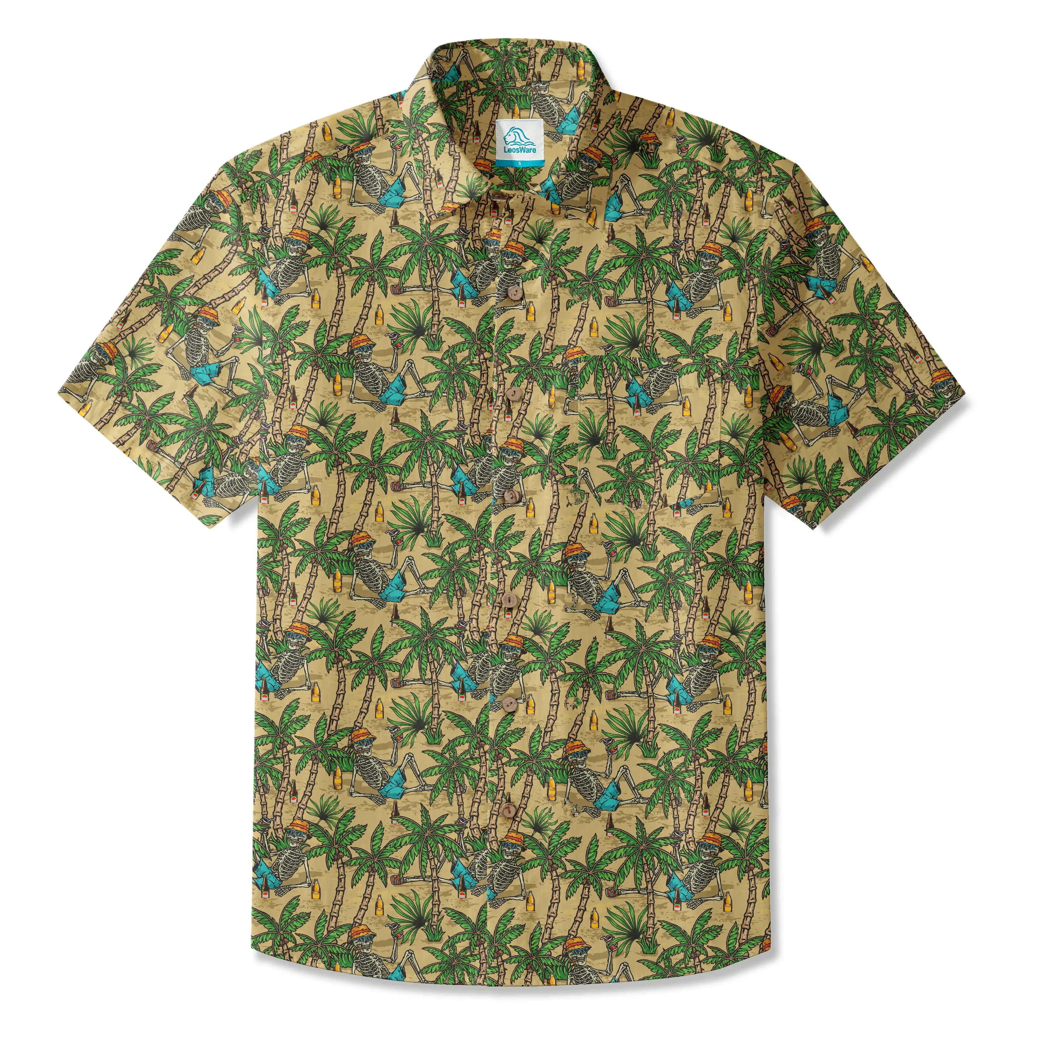 LeosWare® Men's Hawaiian Shirt Short Sleeve Button-up 100% Cotton Green Aloha Skeleton's Coconut Beach Vacation By Ann