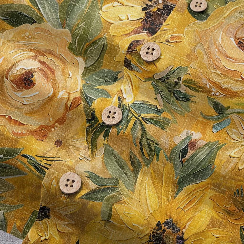 LeosWare® Men's Hawaiian Shirt Short Sleeve Button-up 100% Cotton Yellow Aloha Golden Sunflower Warmth By Ann