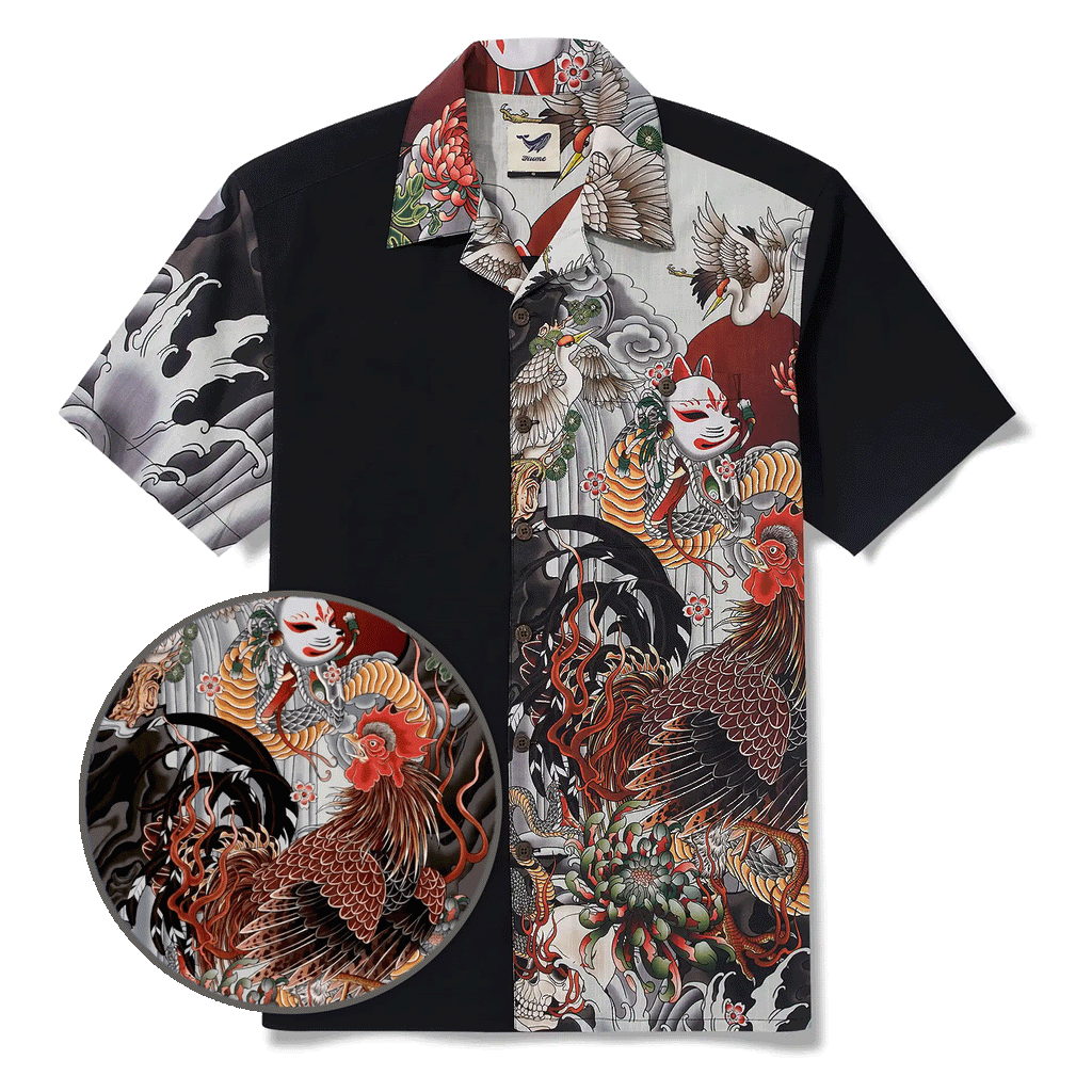 Chemise hawaïenne pour hommes à manches courtes, col camp, 100 % coton, masque Kitsune noir et coq Aloha, le mythe Edo par Huan huan