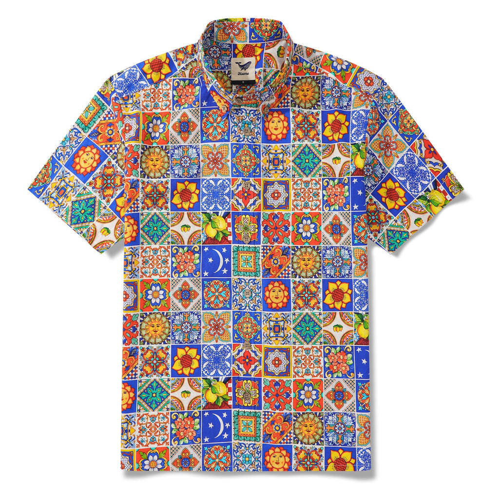 Men's Hawaiian Shirt Short Sleeve Button-down 100% Cotton Aloha Mediterranean Tile Haven By Yana