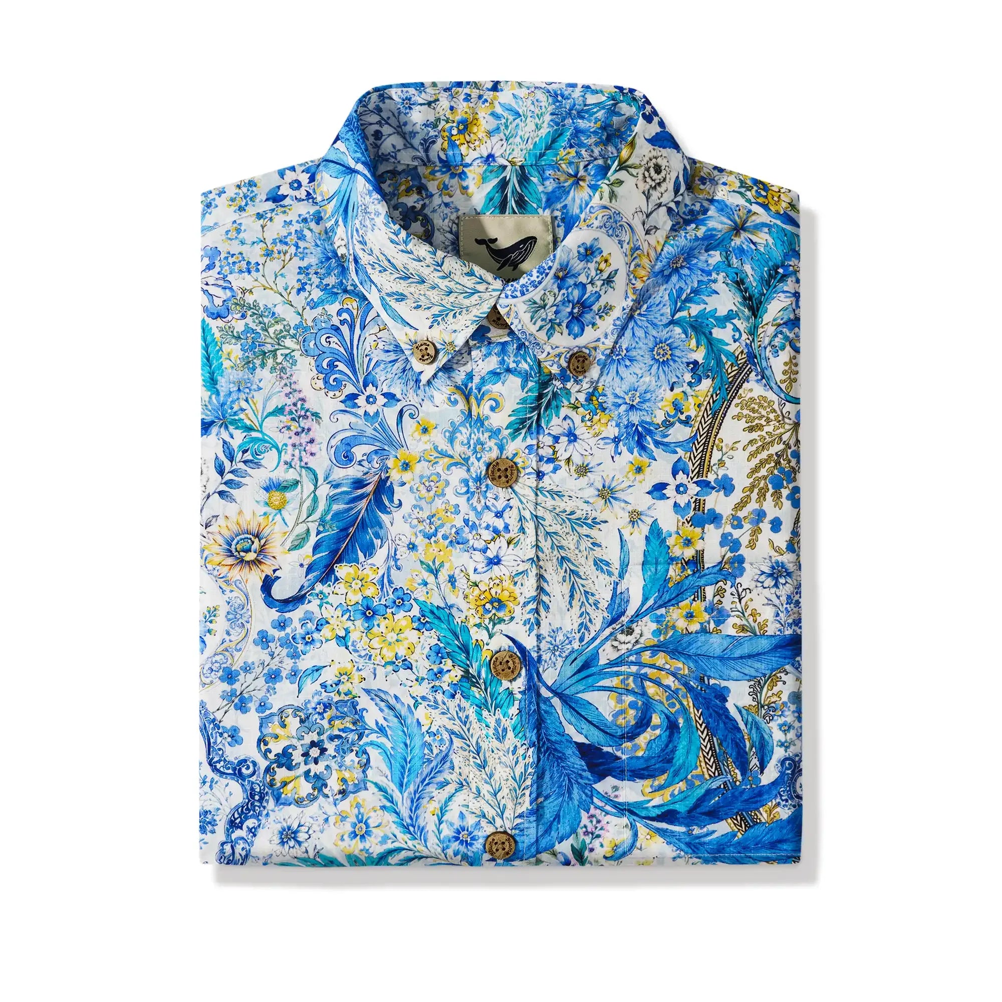 Men's Hawaiian Shirt Short Sleeve Button-down 100% Cotton Blue Aloha Sicilian Bloom By Mo