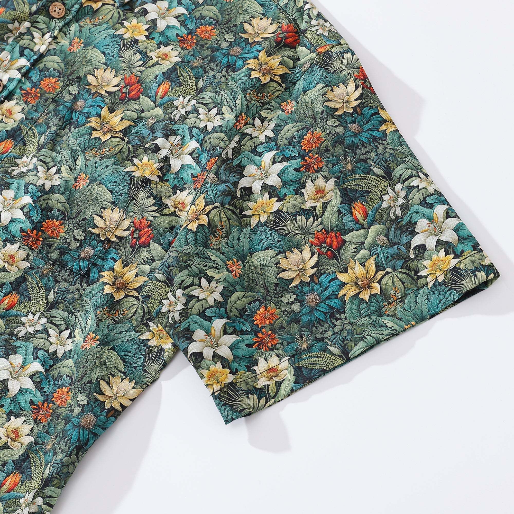 Men's Tropical Hawaiian Shirt Green Cotton Button-down Short Sleeve Aloha Shirt Jungle Adventure By Amy