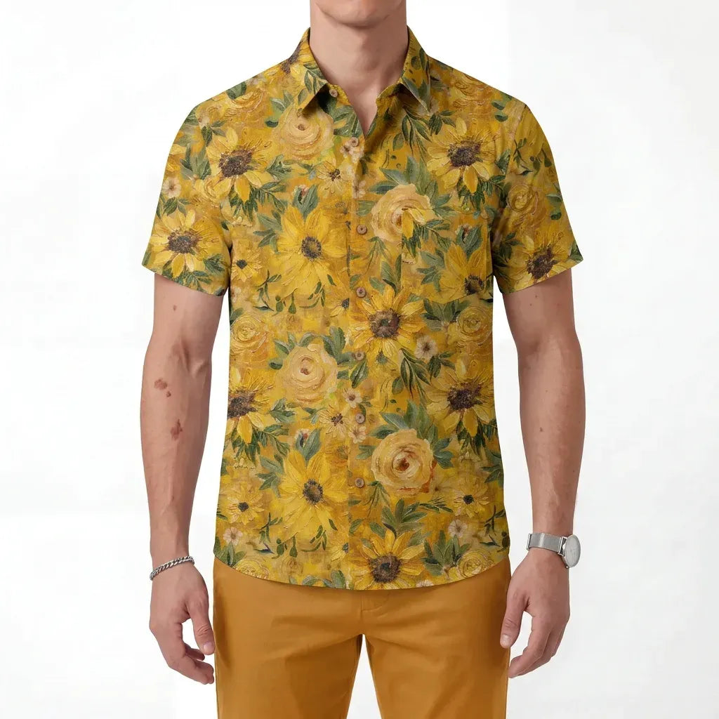 LeosWare® Men's Hawaiian Shirt Short Sleeve Button-up 100% Cotton Yellow Aloha Golden Sunflower Warmth By Ann